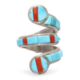 Michael & Causandra Dukepoo Sterling Silver Turquoise Coral Serpent Wrap Ring