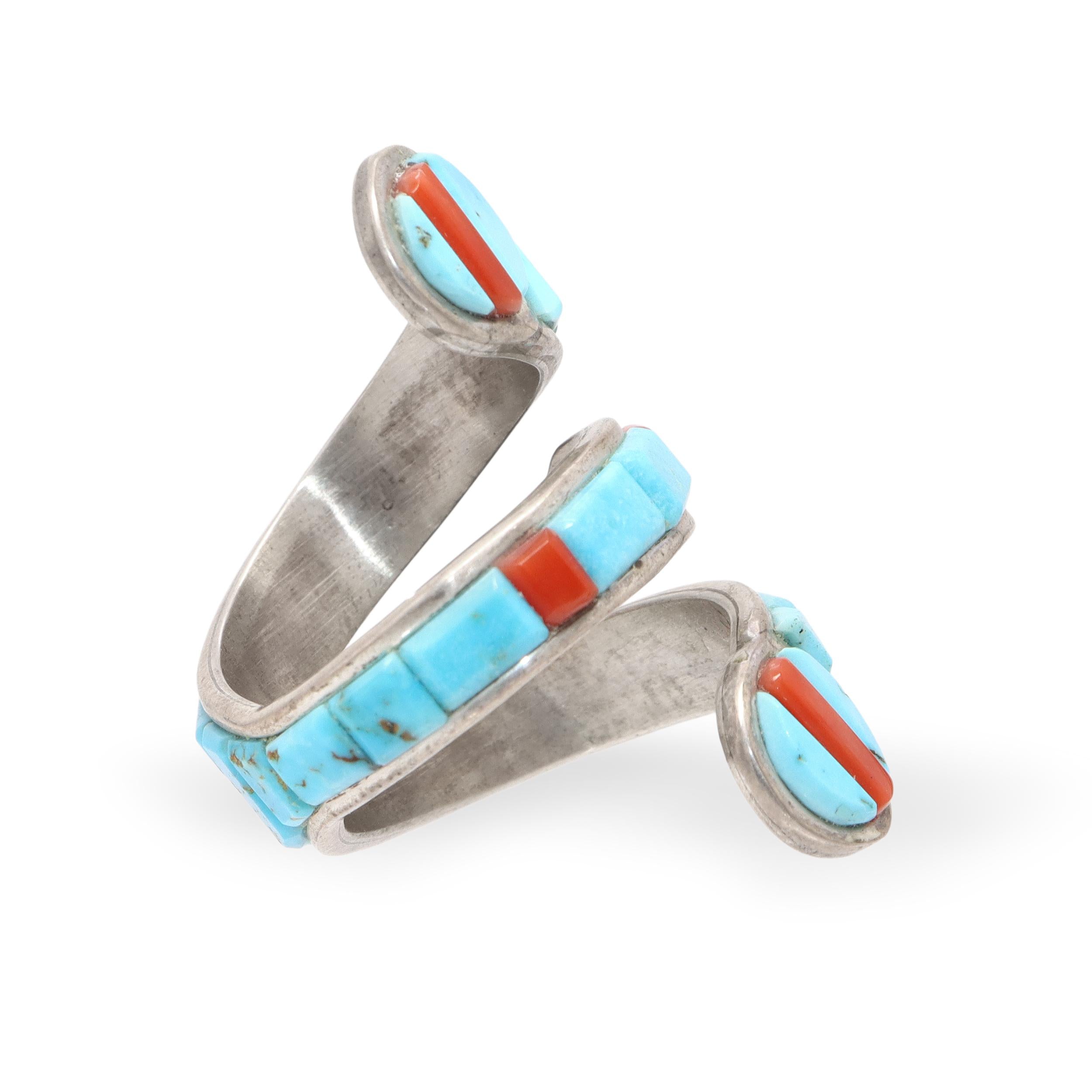 Michael & Causandra Dukepoo Sterling Silver Turquoise Coral Serpent Wrap Ring