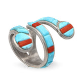Michael & Causandra Dukepoo Sterling Silver Turquoise Coral Serpent Wrap Ring