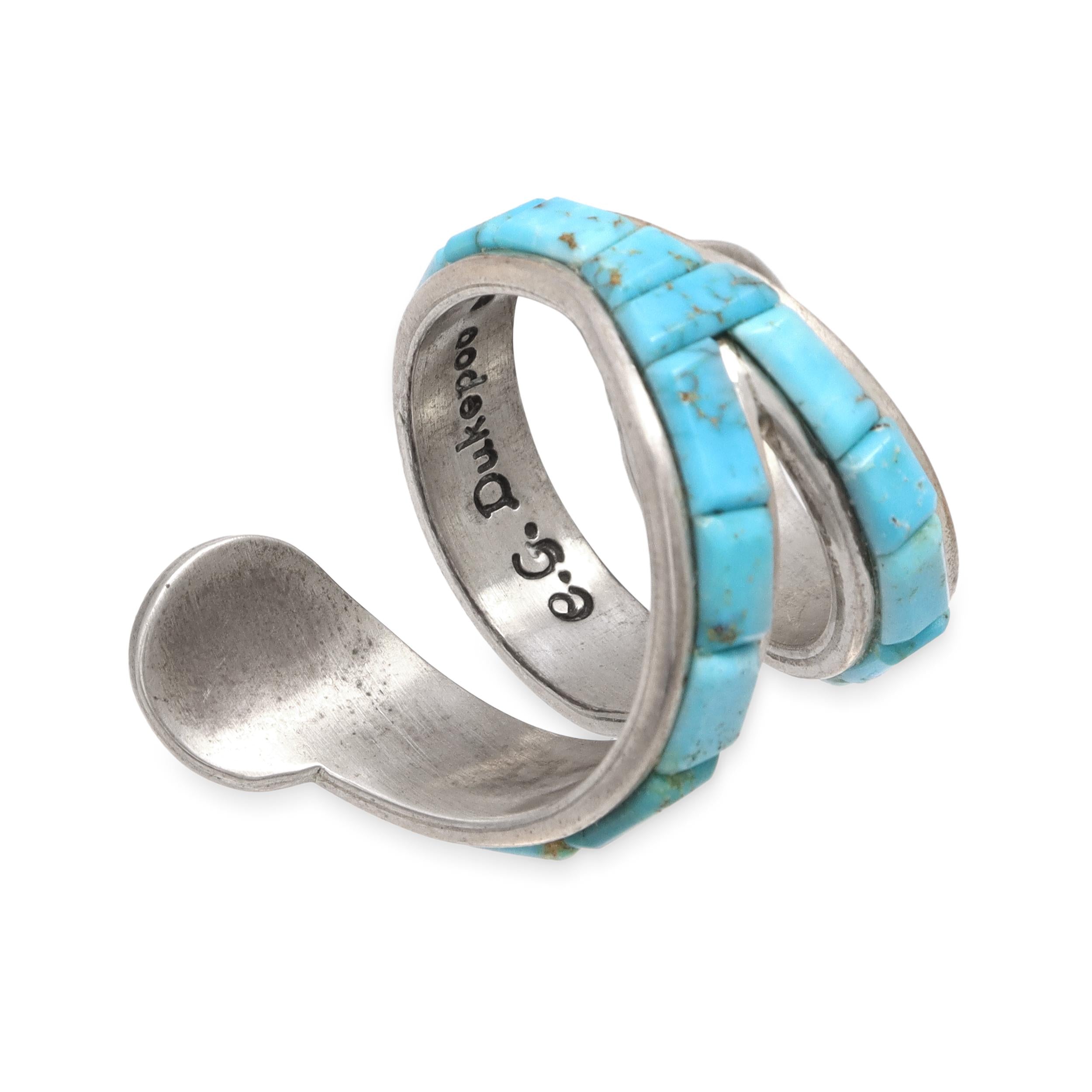 Michael & Causandra Dukepoo Sterling Silver Turquoise Coral Serpent Wrap Ring
