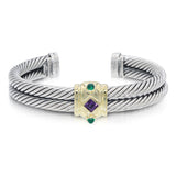David Yurman Sterling Silver 14K Gold Amethyst Green Onyx Cable Cuff Bracelet