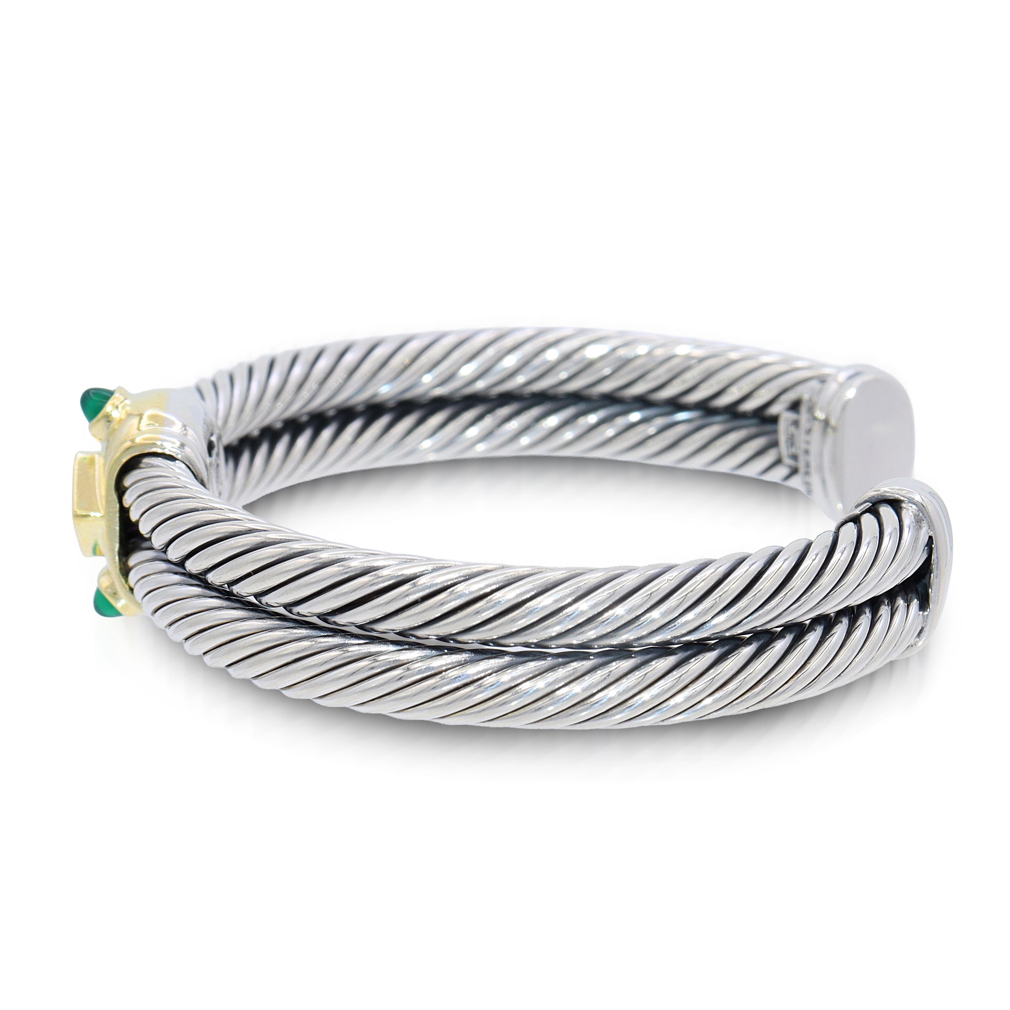 David Yurman Sterling Silver 14K Gold Amethyst Green Onyx Cable Cuff Bracelet