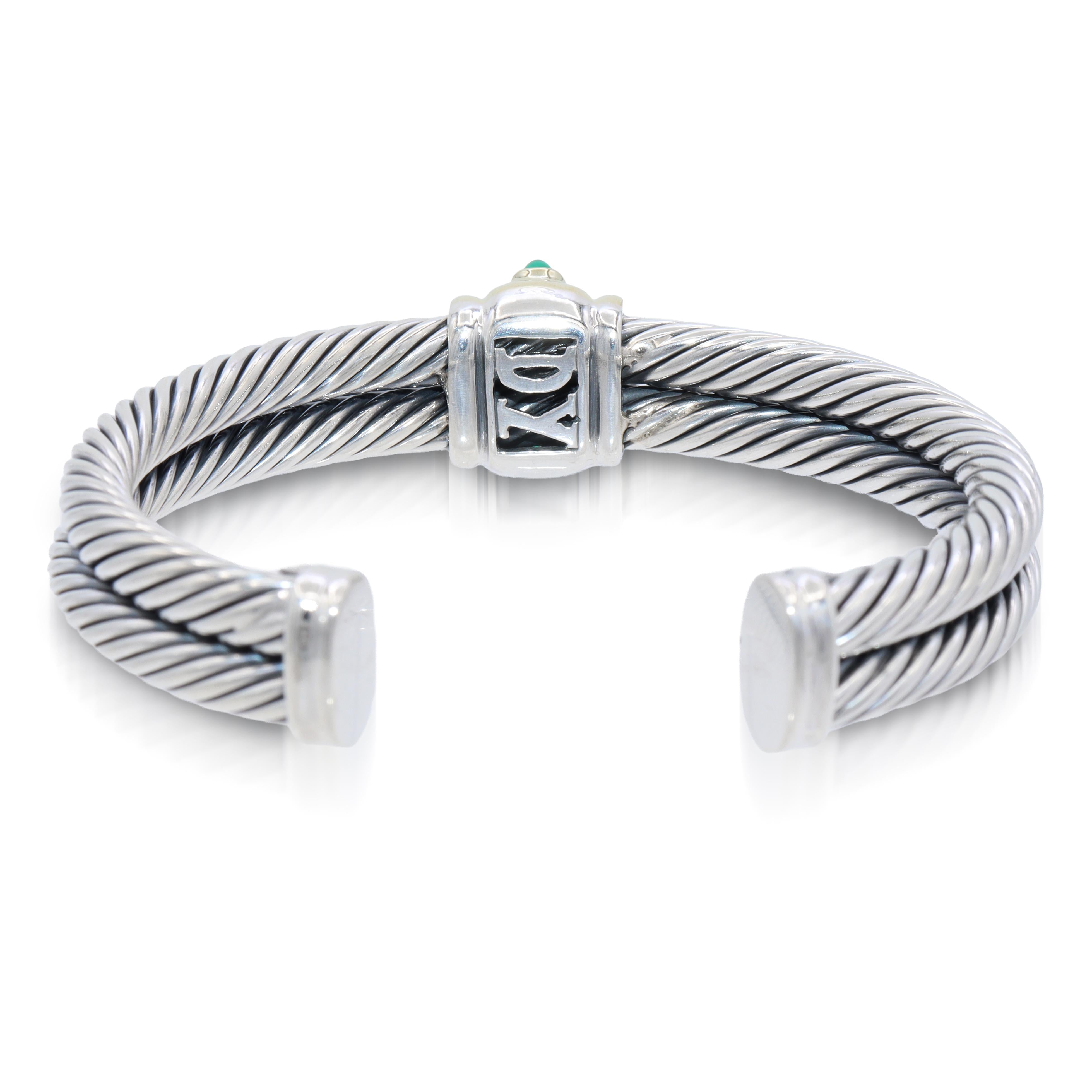 David Yurman Sterling Silver 14K Gold Amethyst Green Onyx Cable Cuff Bracelet