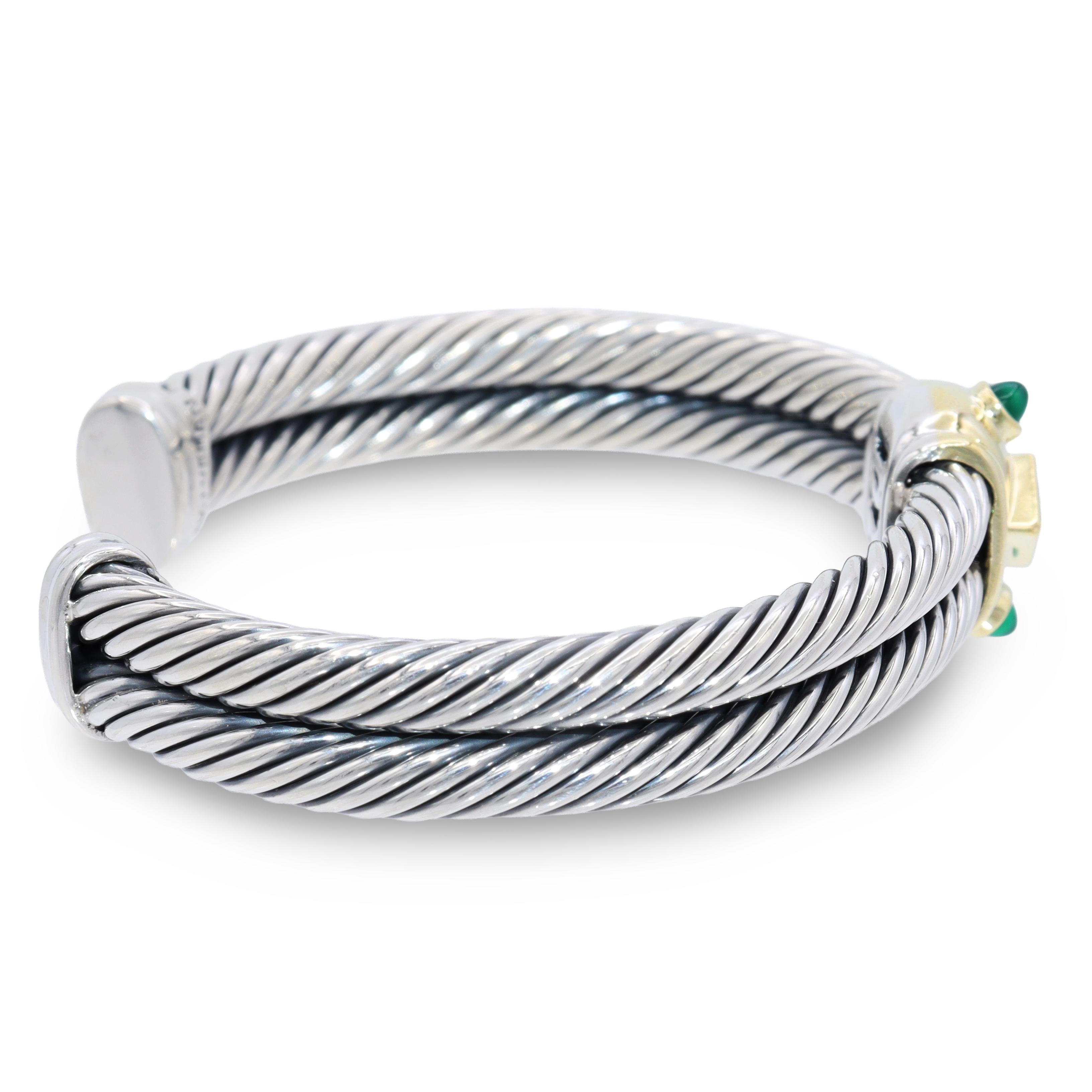 David Yurman Sterling Silver 14K Gold Amethyst Green Onyx Cable Cuff Bracelet