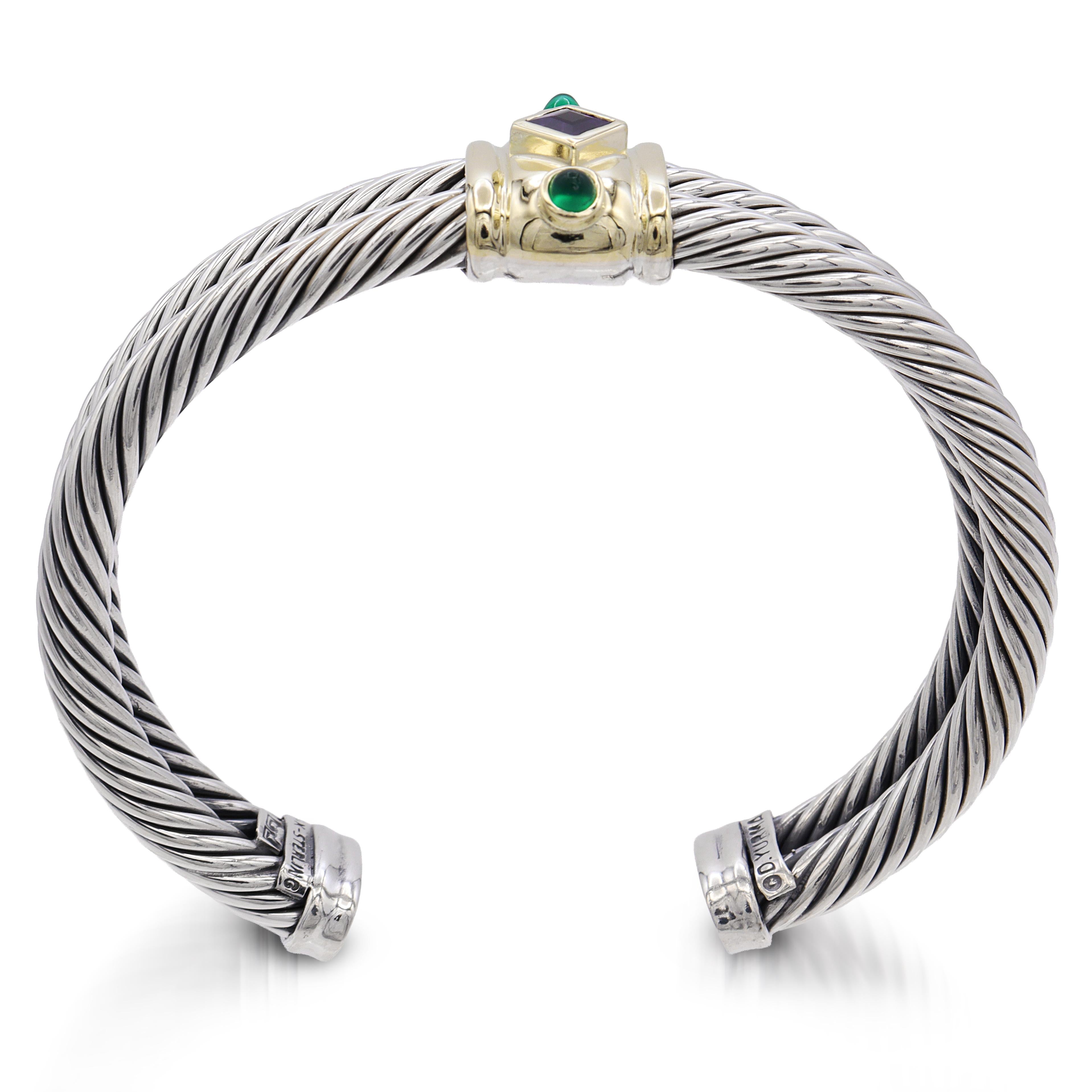 David Yurman Sterling Silver 14K Gold Amethyst Green Onyx Cable Cuff Bracelet