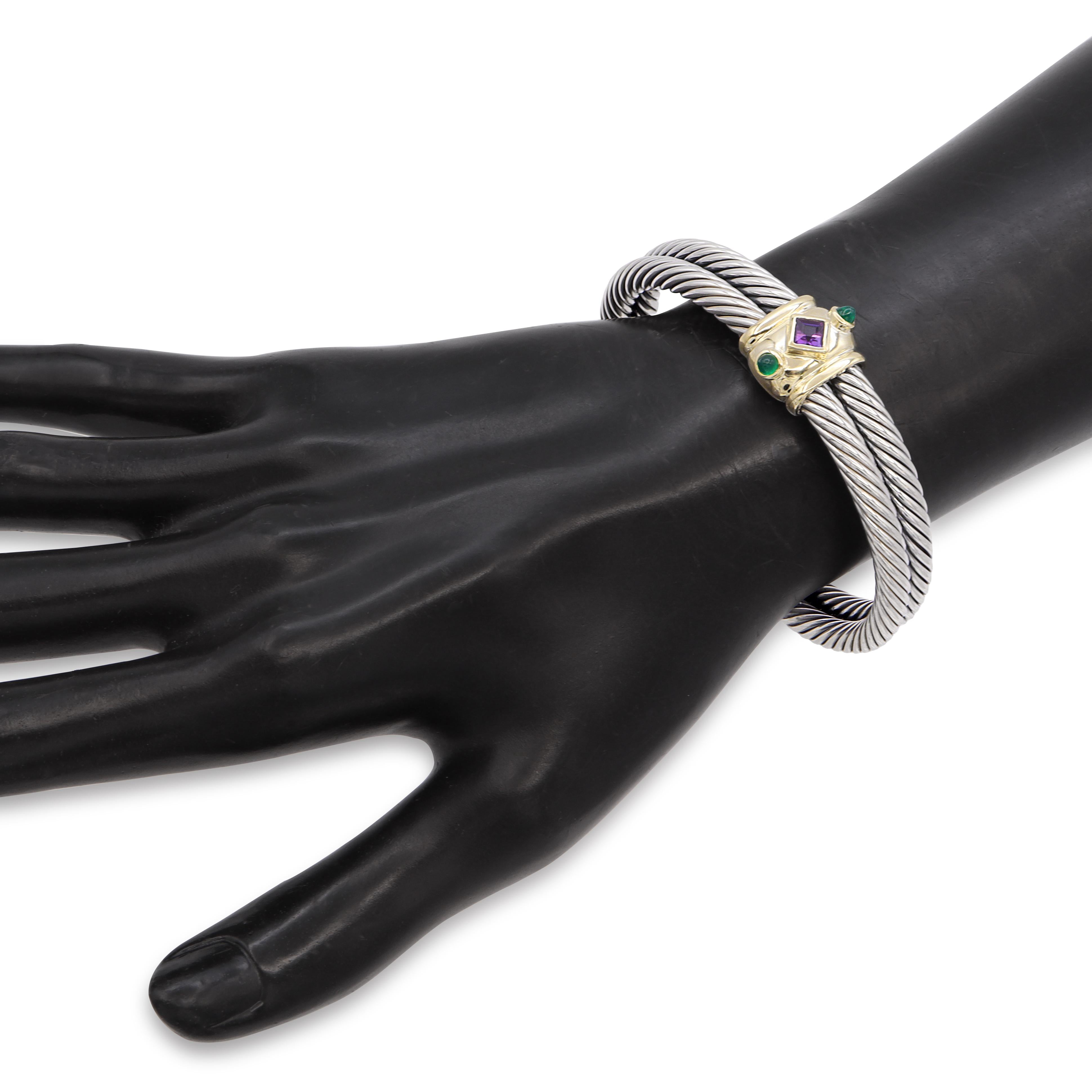 David Yurman Sterling Silver 14K Gold Amethyst Green Onyx Cable Cuff Bracelet