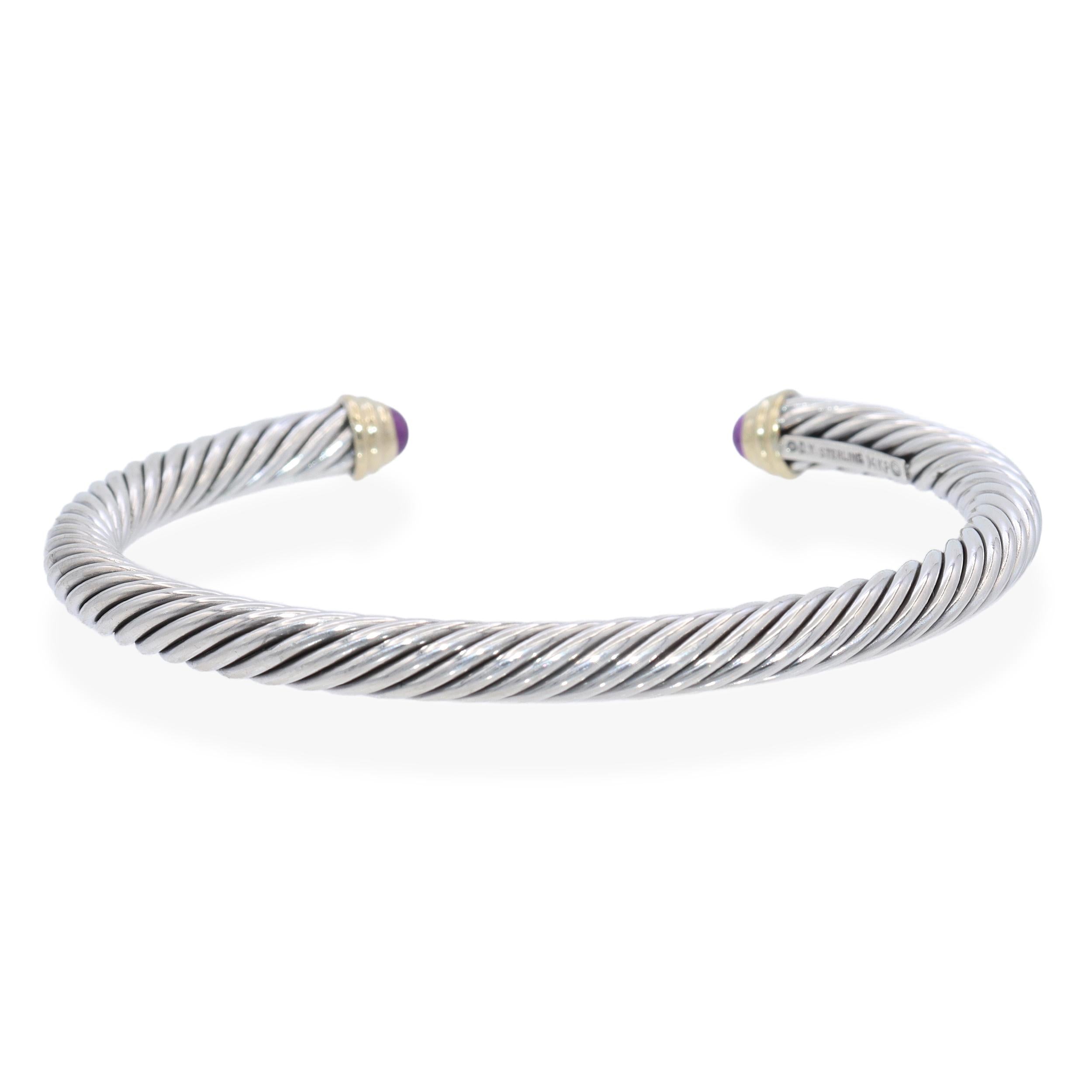 David Yurman Sterling Silver 14K Yellow Gold Amethyst Cable Cuff Bracelet