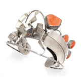 Vintage Michael Roanhorse Navajo Sterling Silver Coral Sculptural Cuff Bracelet