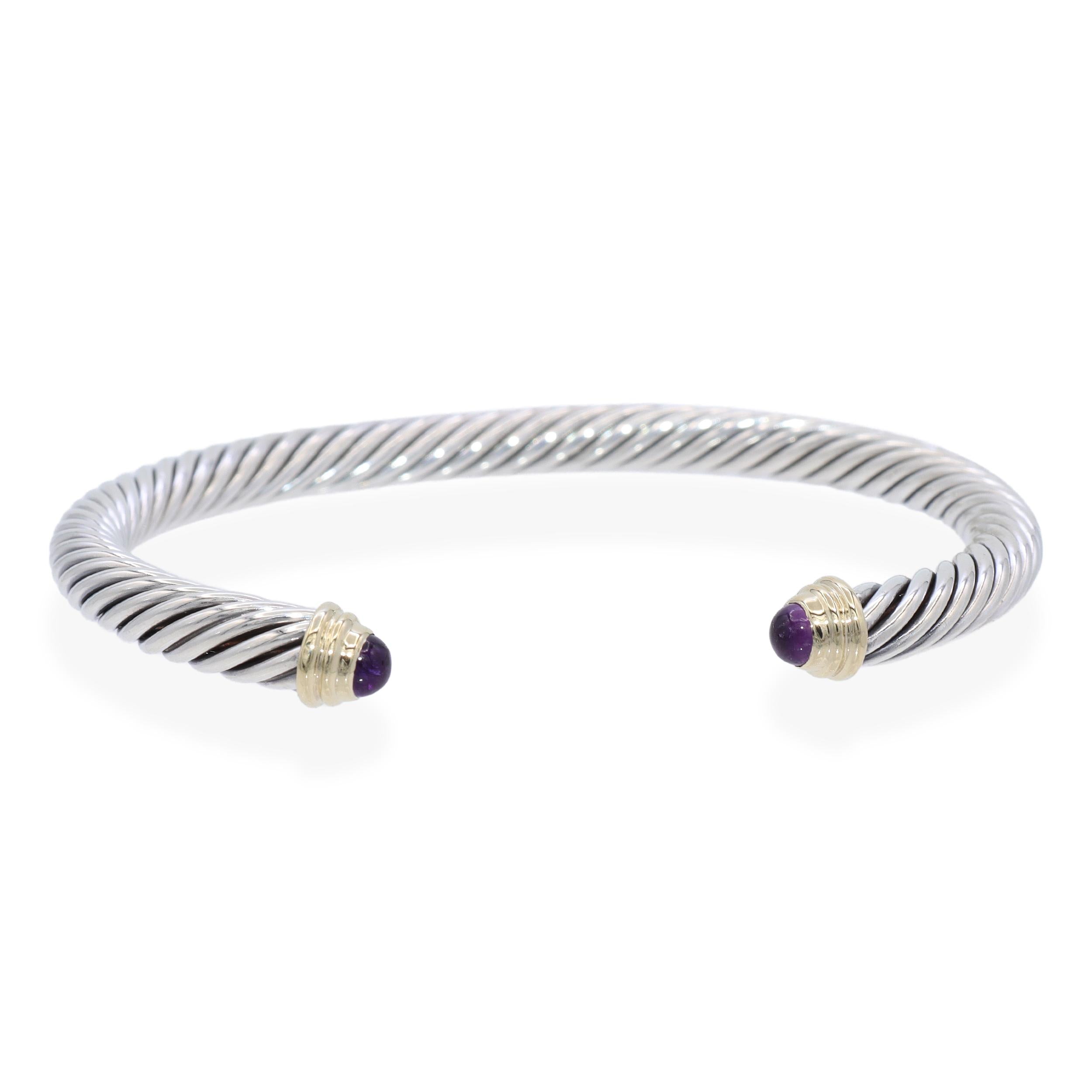 David Yurman Sterling Silver 14K Yellow Gold Amethyst Cable Cuff Bracelet