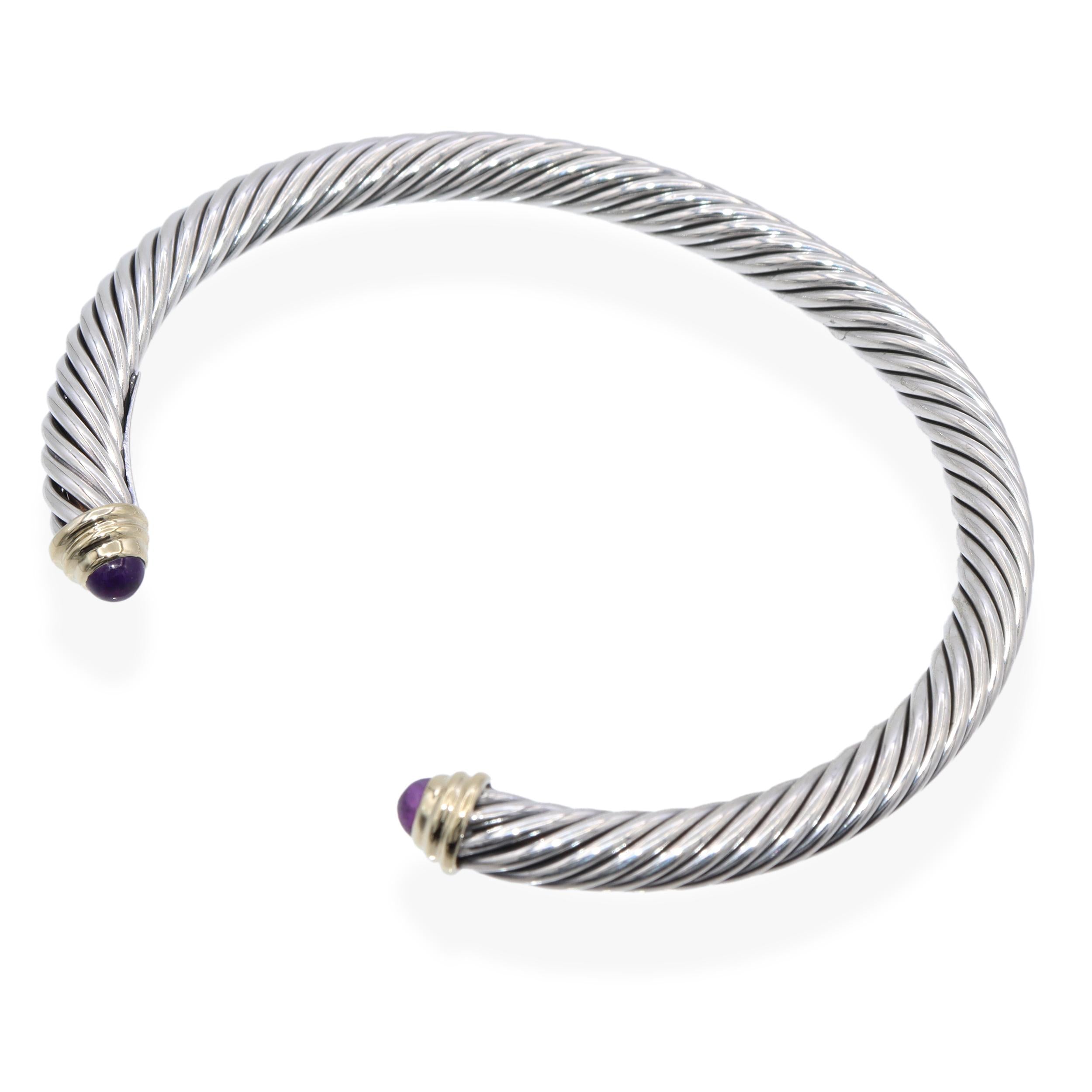 David Yurman Sterling Silver 14K Yellow Gold Amethyst Cable Cuff Bracelet