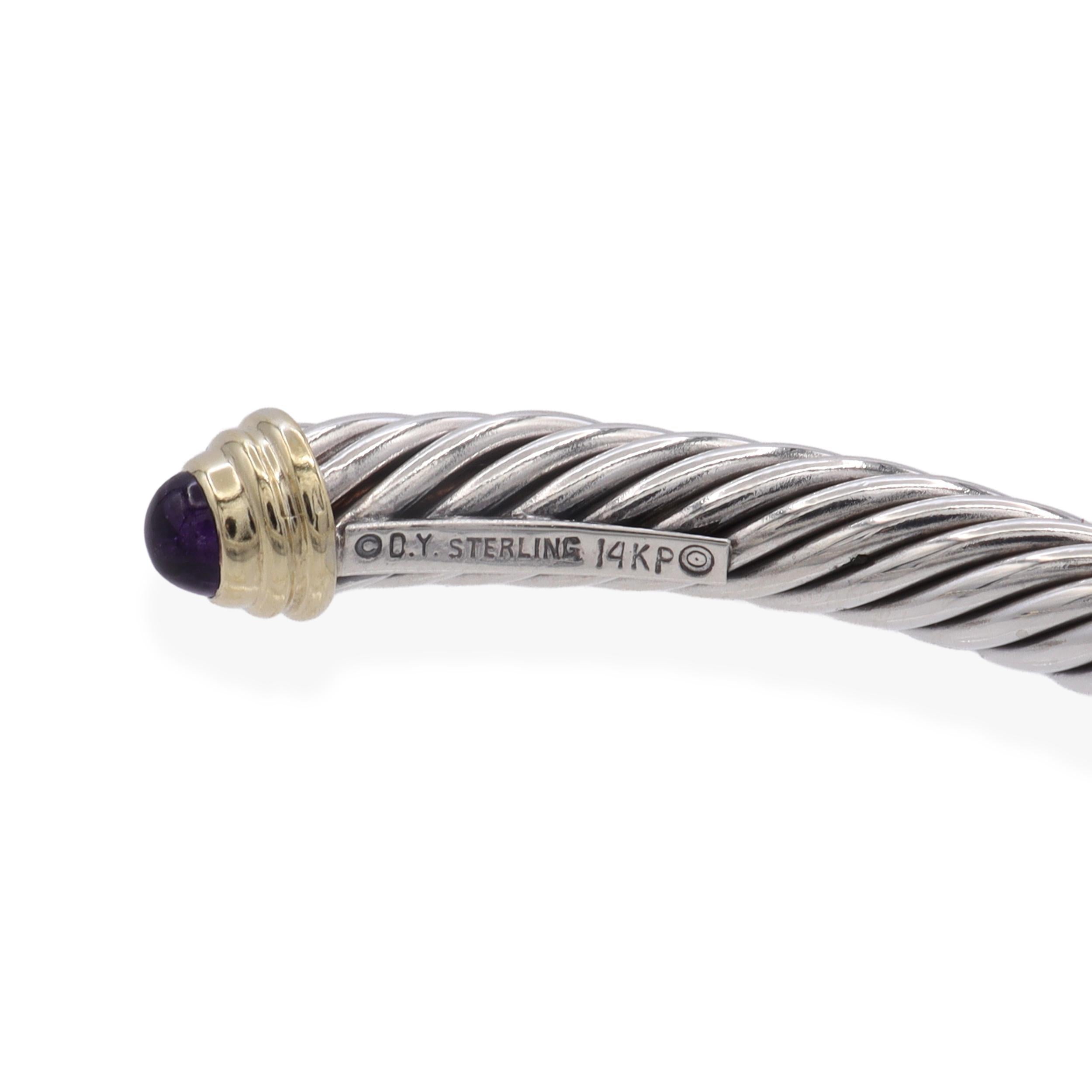 David Yurman Sterling Silver 14K Yellow Gold Amethyst Cable Cuff Bracelet