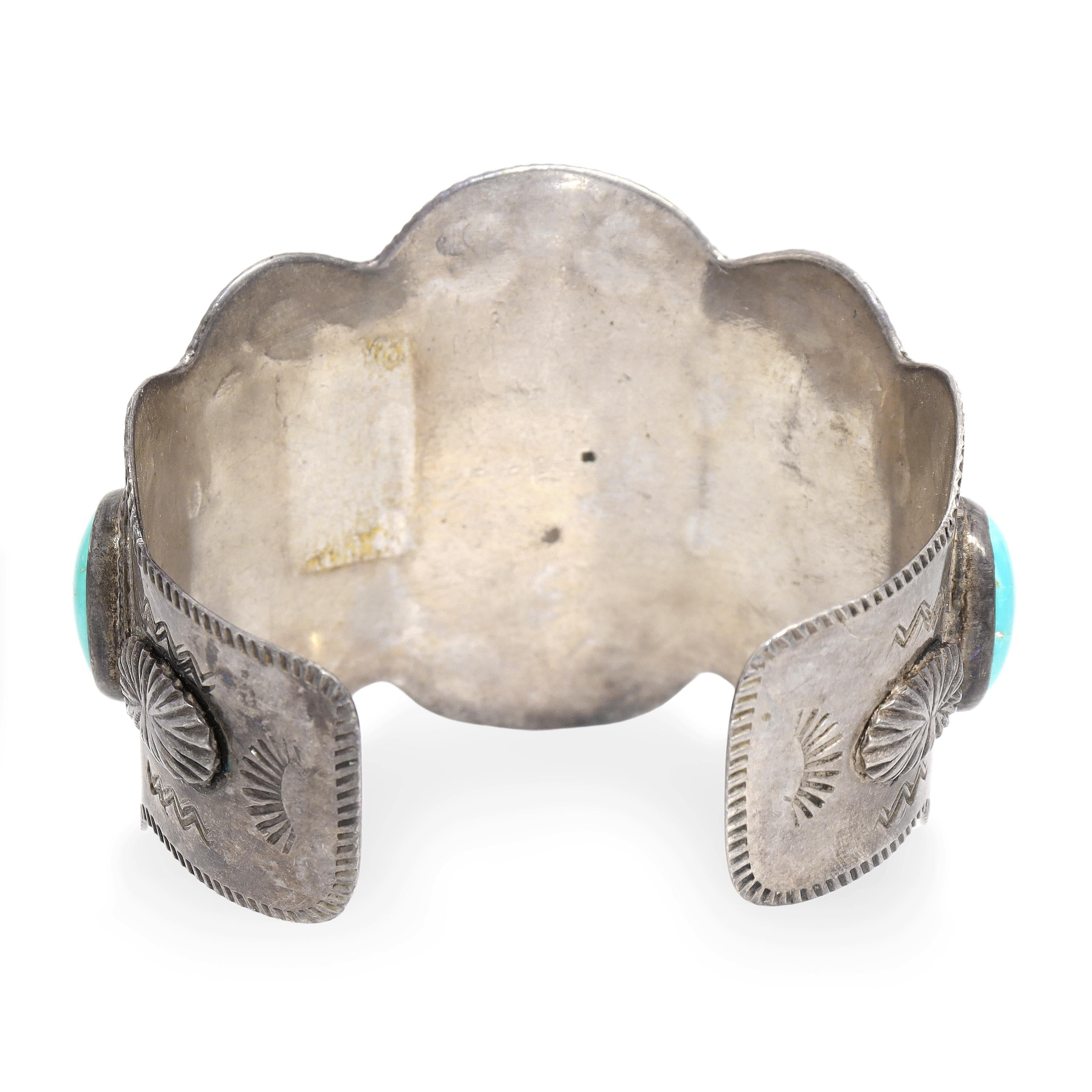 Vintage Southwestern Sterling Silver Turquoise Scalloped Cuff Bracelet