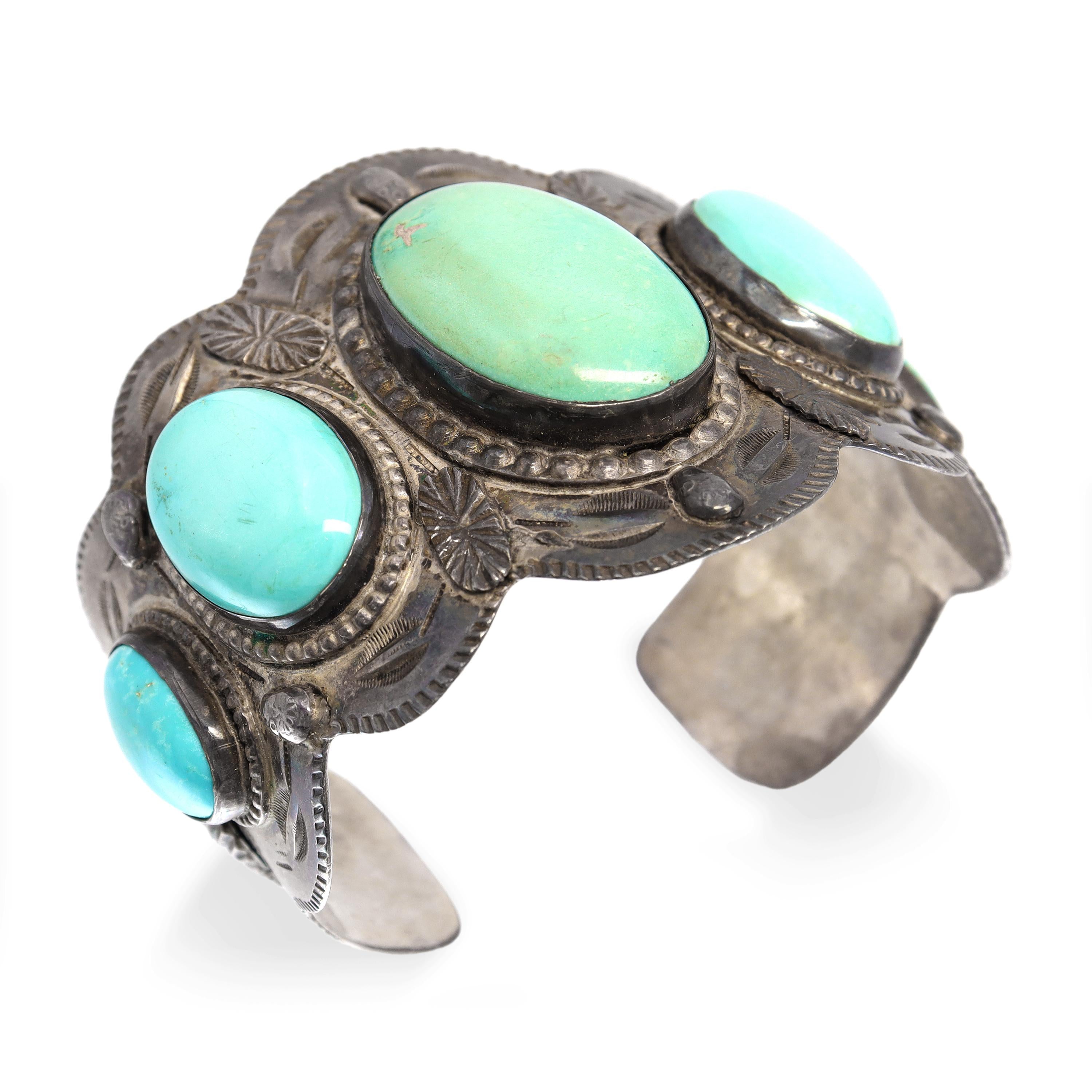 Vintage Southwestern Sterling Silver Turquoise Scalloped Cuff Bracelet
