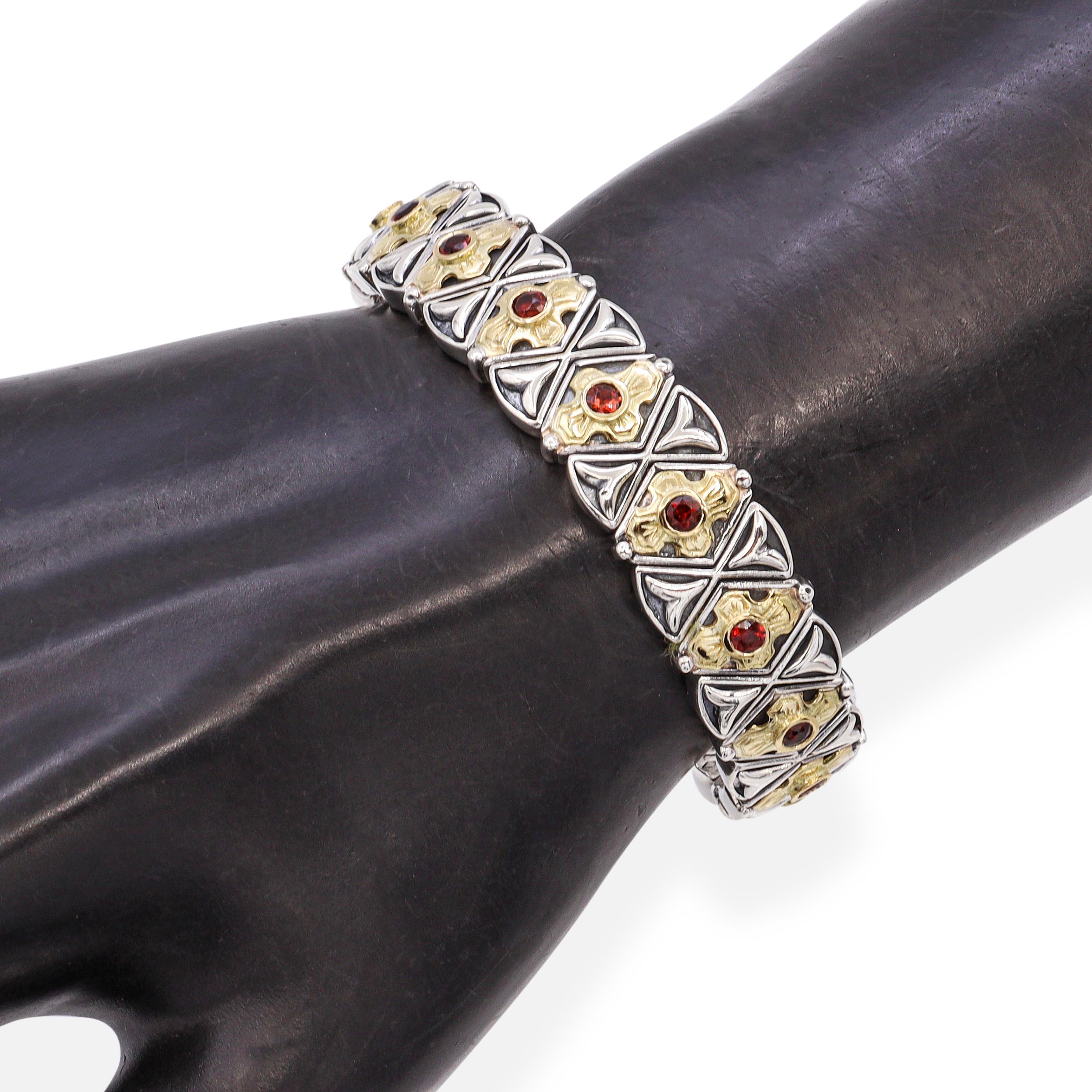 Konstantino Sterling Silver 18k Yellow Gold Garnet Floral Link Bracelet
