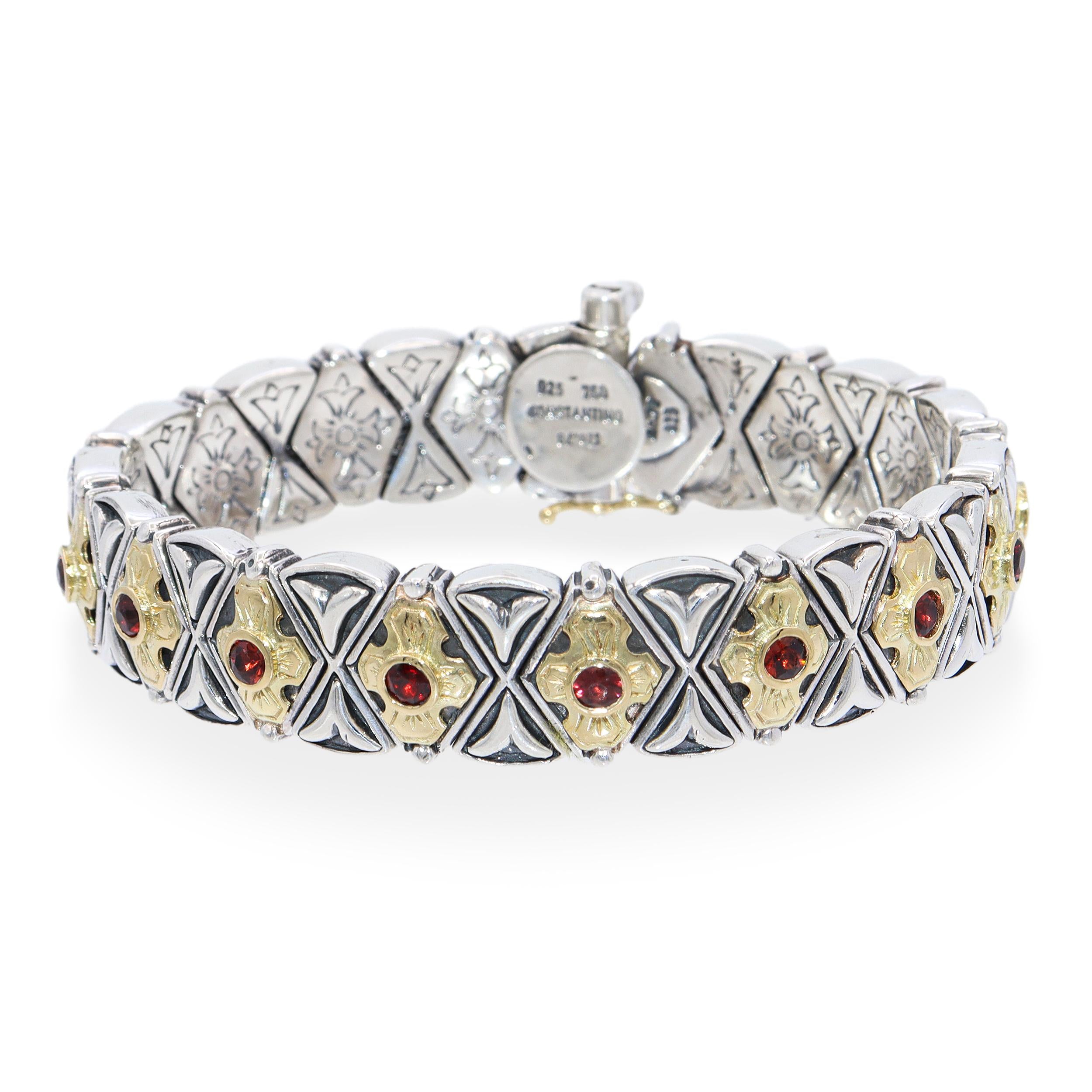 Konstantino Sterling Silver 18k Yellow Gold Garnet Floral Link Bracelet