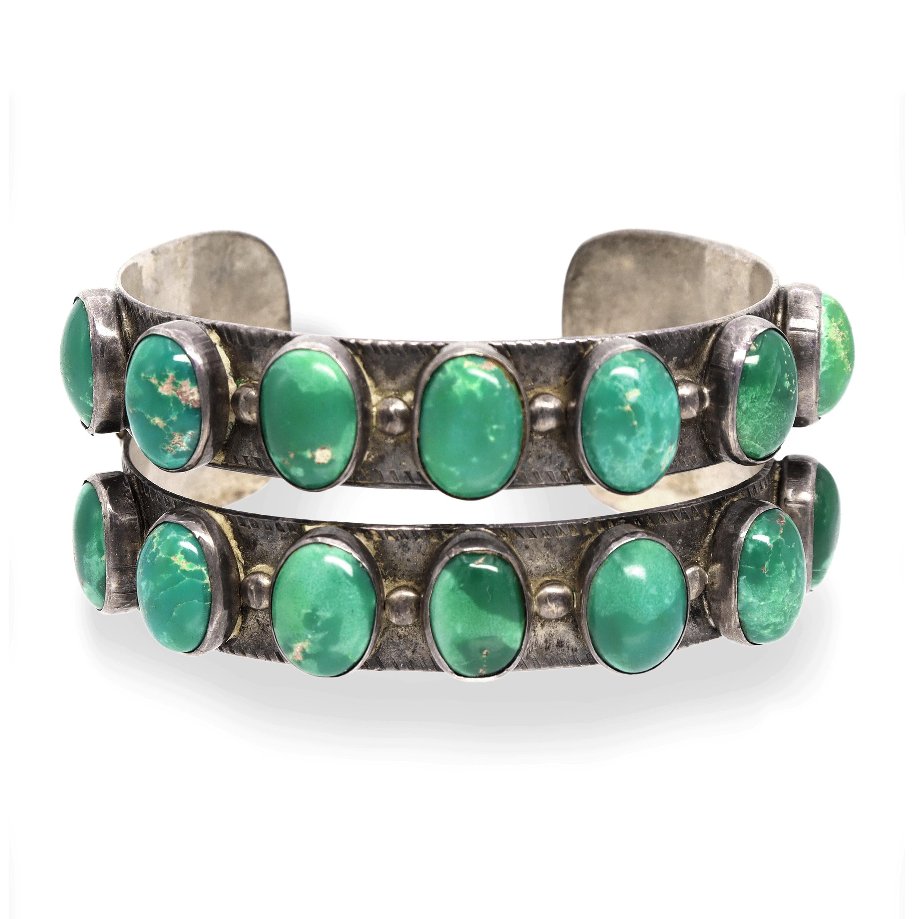 Vintage Southwestern Sterling Silver Double Row Turquoise Cuff Bracelet