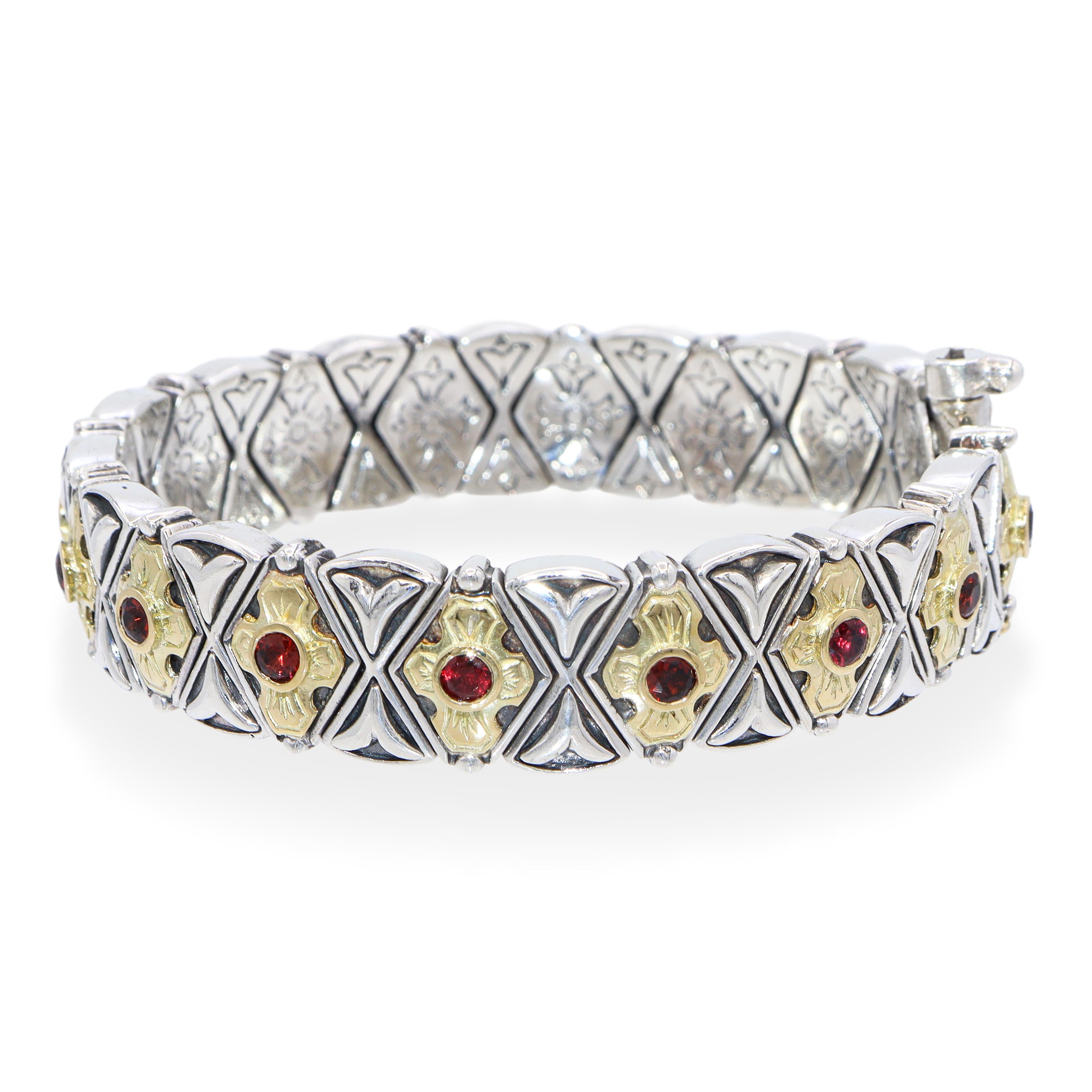 Konstantino Sterling Silver 18k Yellow Gold Garnet Floral Link Bracelet