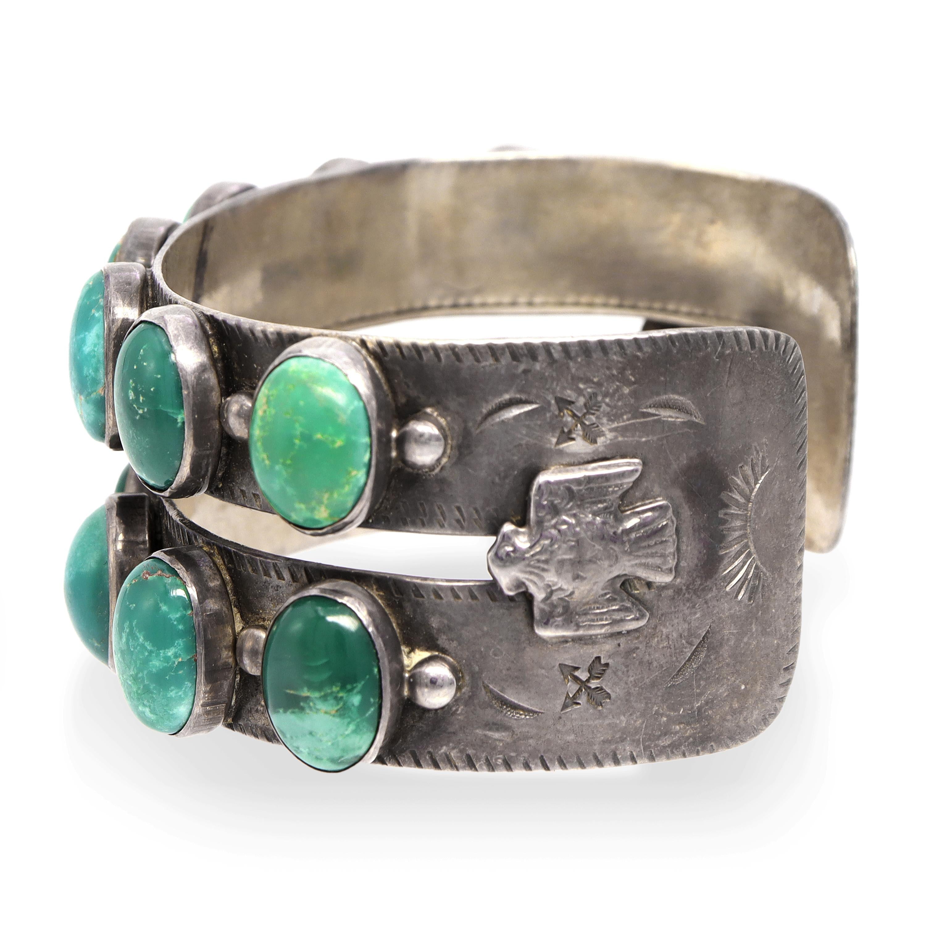 Vintage Southwestern Sterling Silver Double Row Turquoise Cuff Bracelet