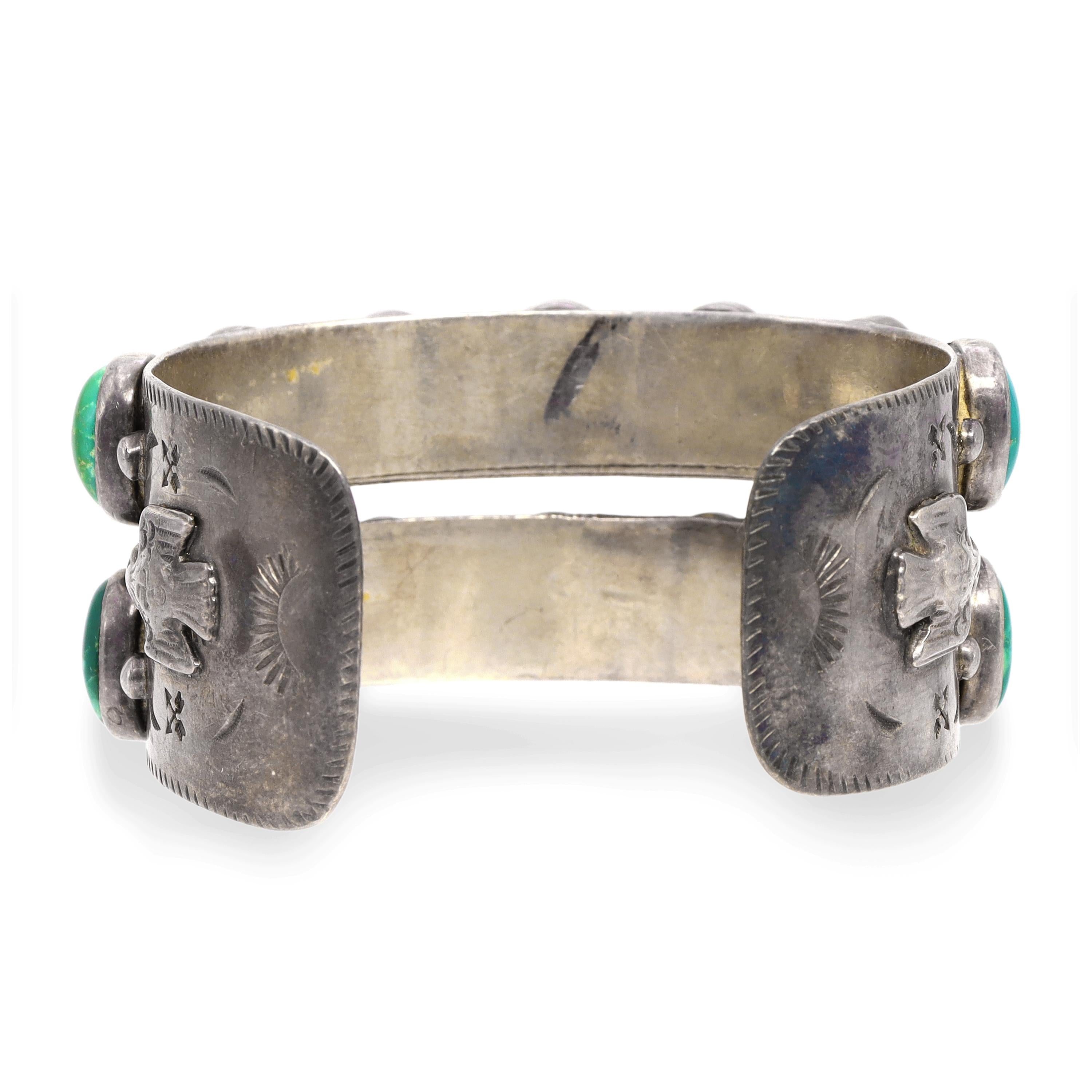 Vintage Southwestern Sterling Silver Double Row Turquoise Cuff Bracelet