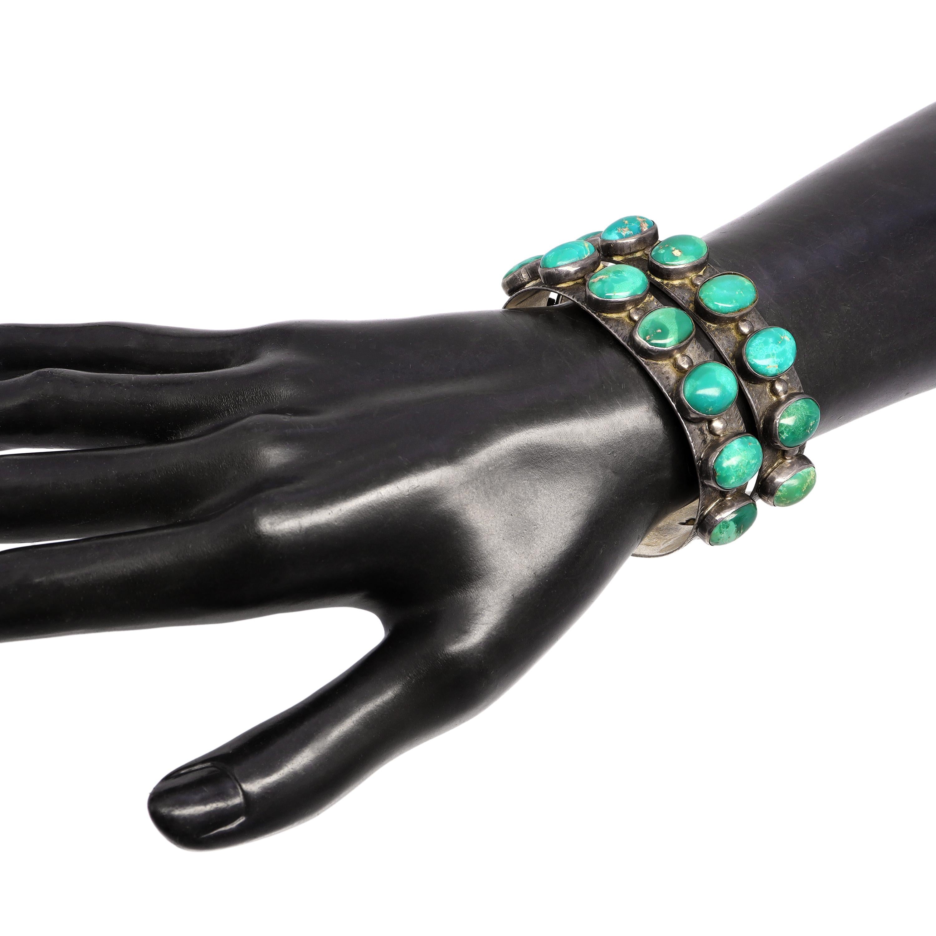 Vintage Southwestern Sterling Silver Double Row Turquoise Cuff Bracelet