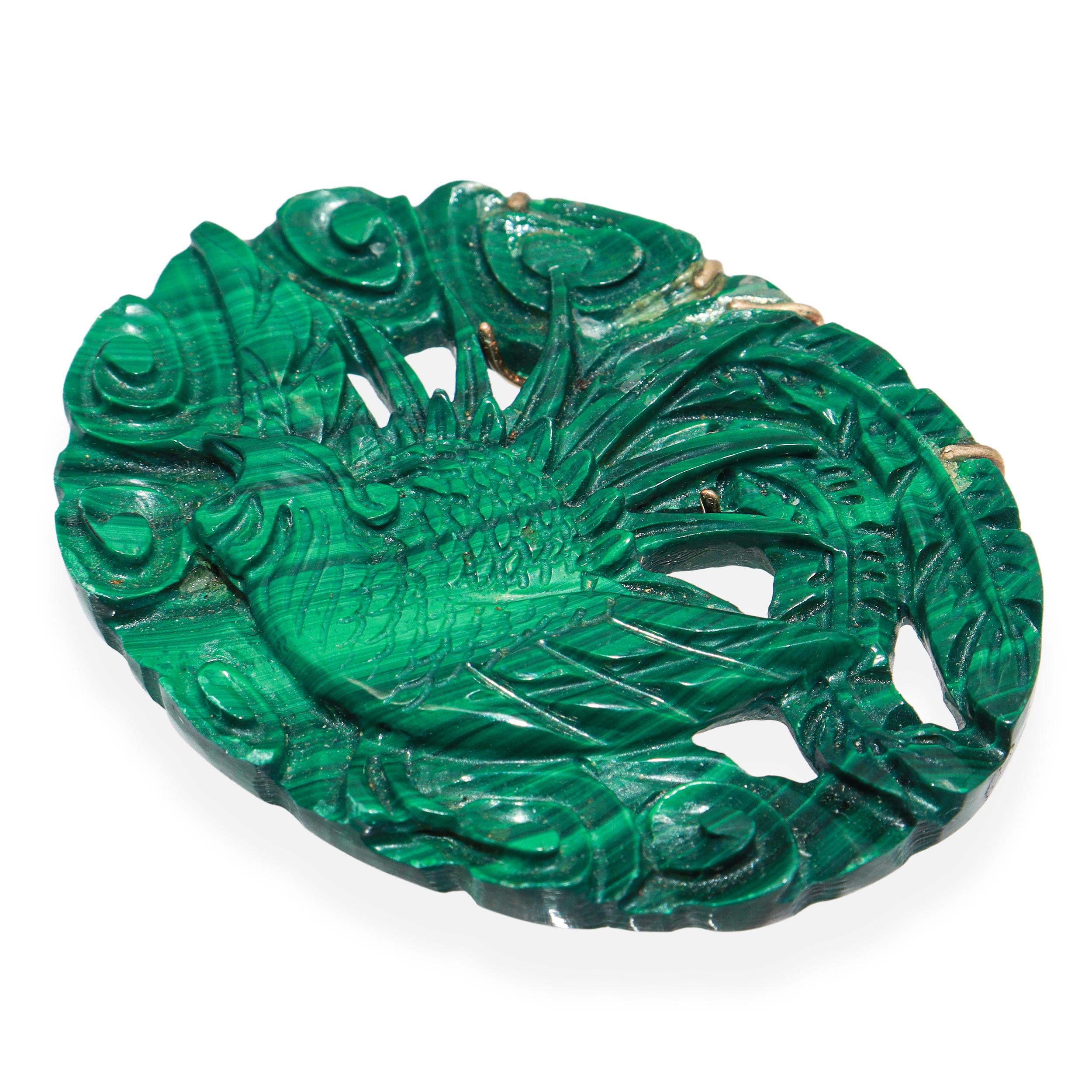 Vintage 14K Yellow Gold Carved Malachite Phoenix Pendant