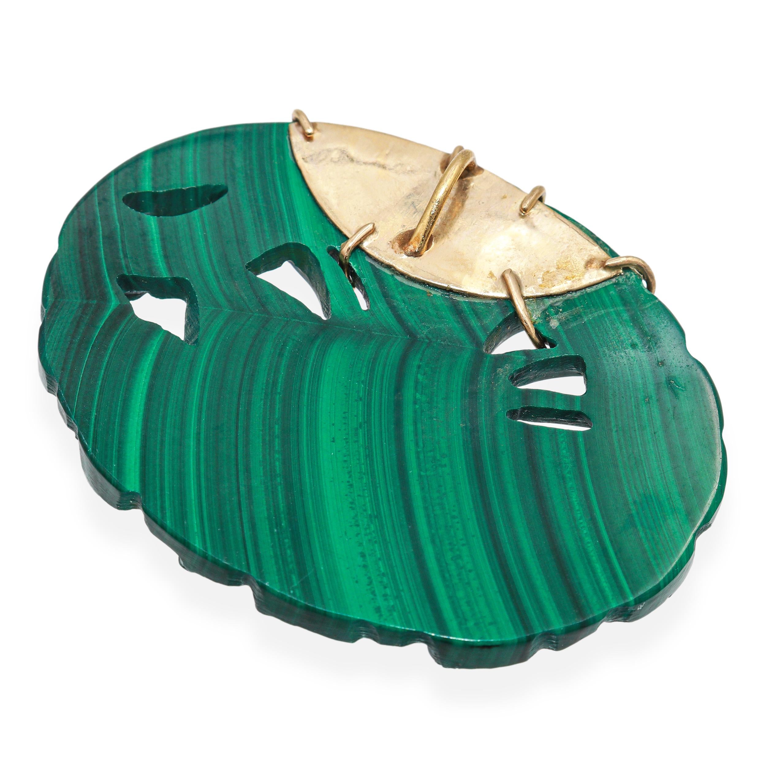 Vintage 14K Yellow Gold Carved Malachite Phoenix Pendant