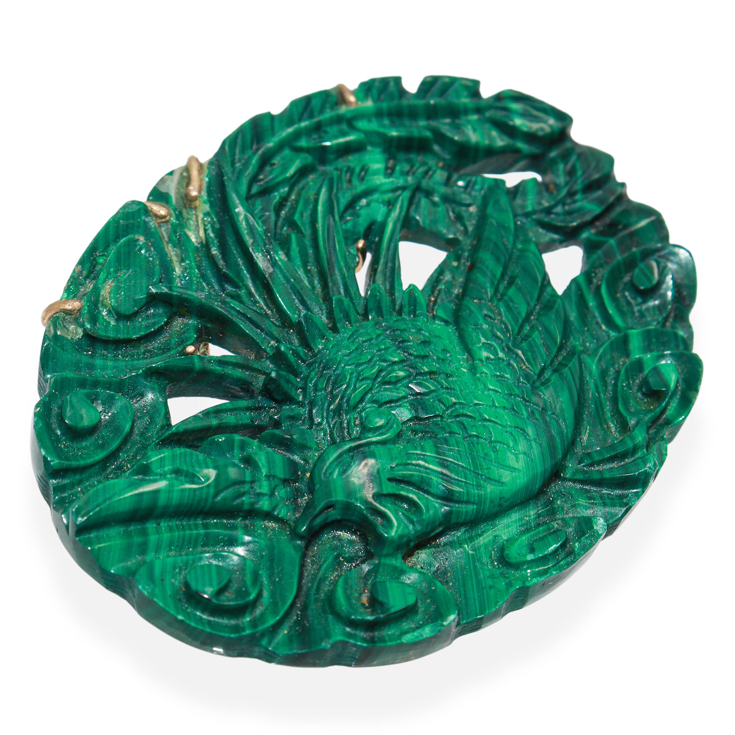 Vintage 14K Yellow Gold Carved Malachite Phoenix Pendant