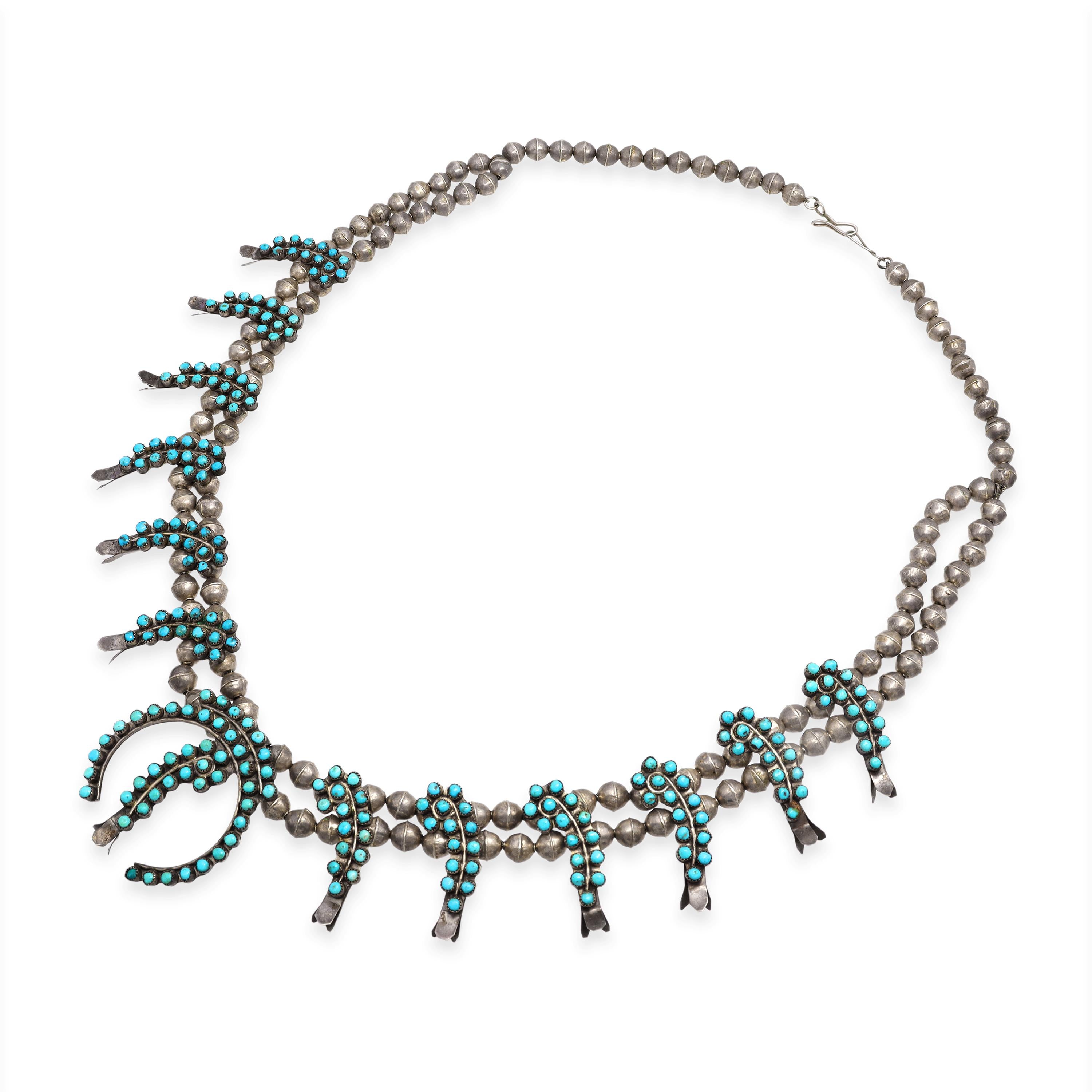 Vintage Southwestern Silver Snake Eye Turquoise Squash Blossom Necklace