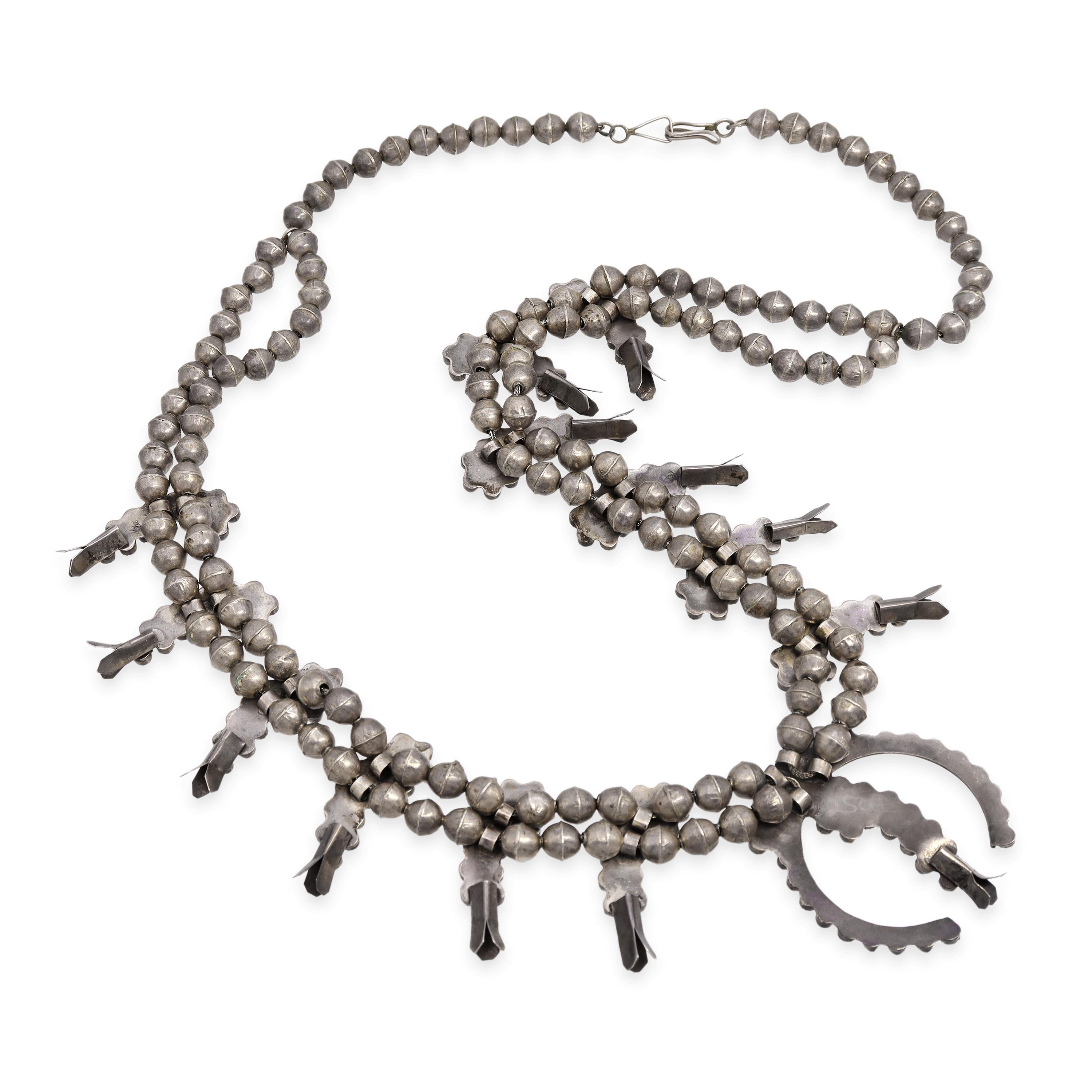 Vintage Southwestern Silver Snake Eye Turquoise Squash Blossom Necklace