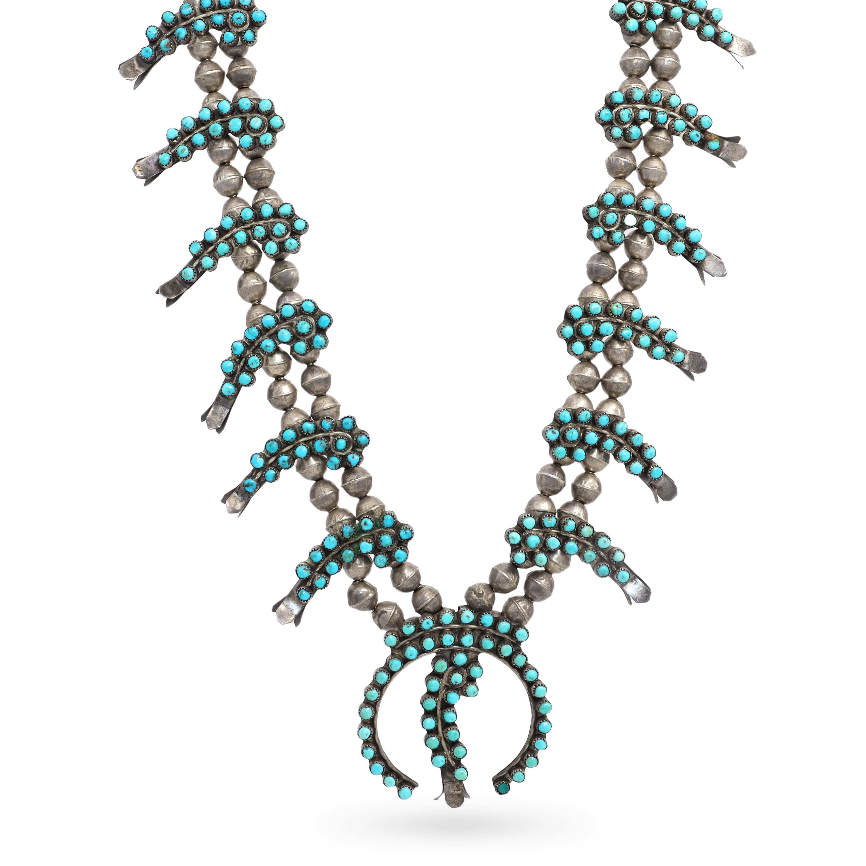 Vintage Southwestern Silver Snake Eye Turquoise Squash Blossom Necklace