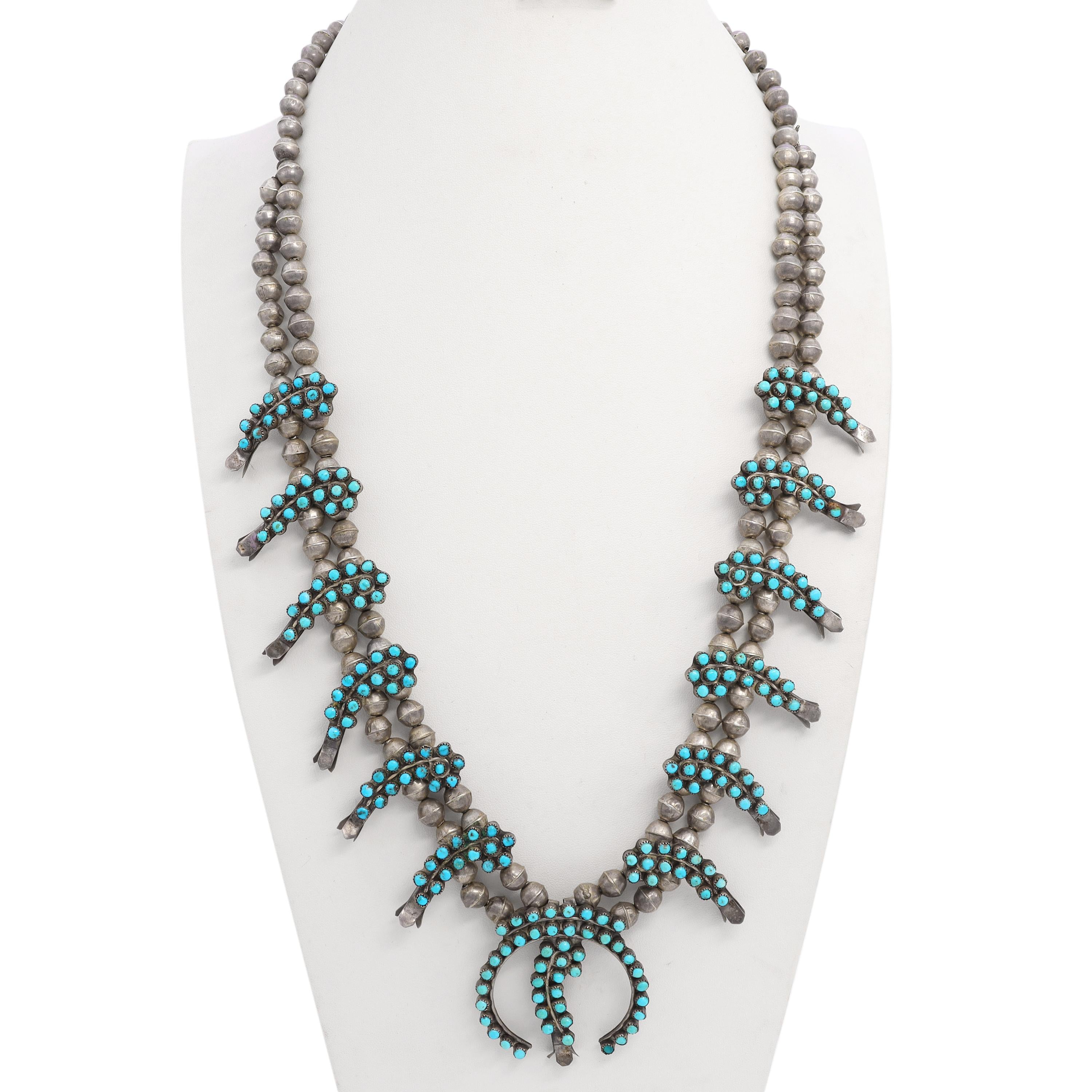 Vintage Southwestern Silver Snake Eye Turquoise Squash Blossom Necklace