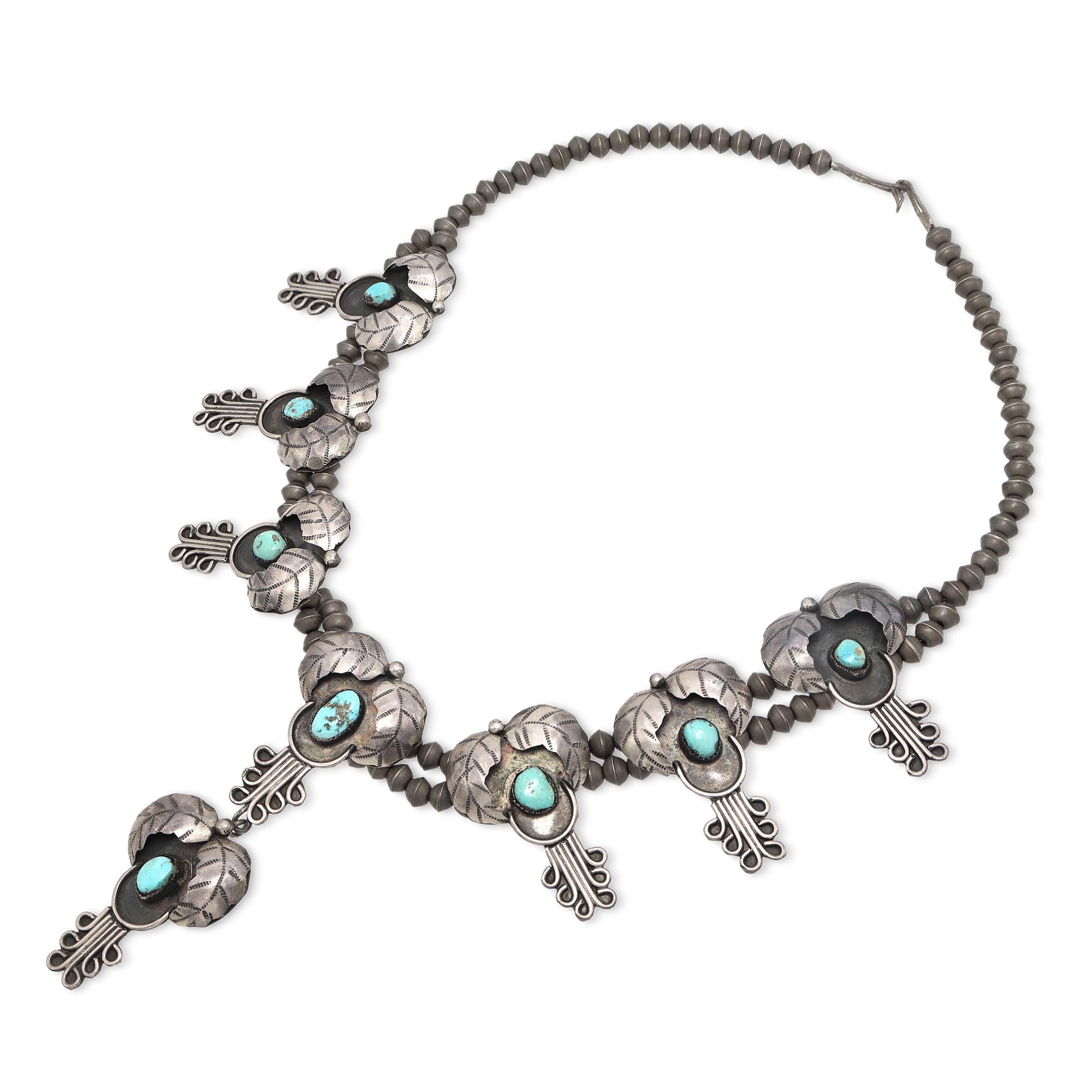 Vintage Southwestern Sterling Silver Turquoise Squash Blossom Style Necklace