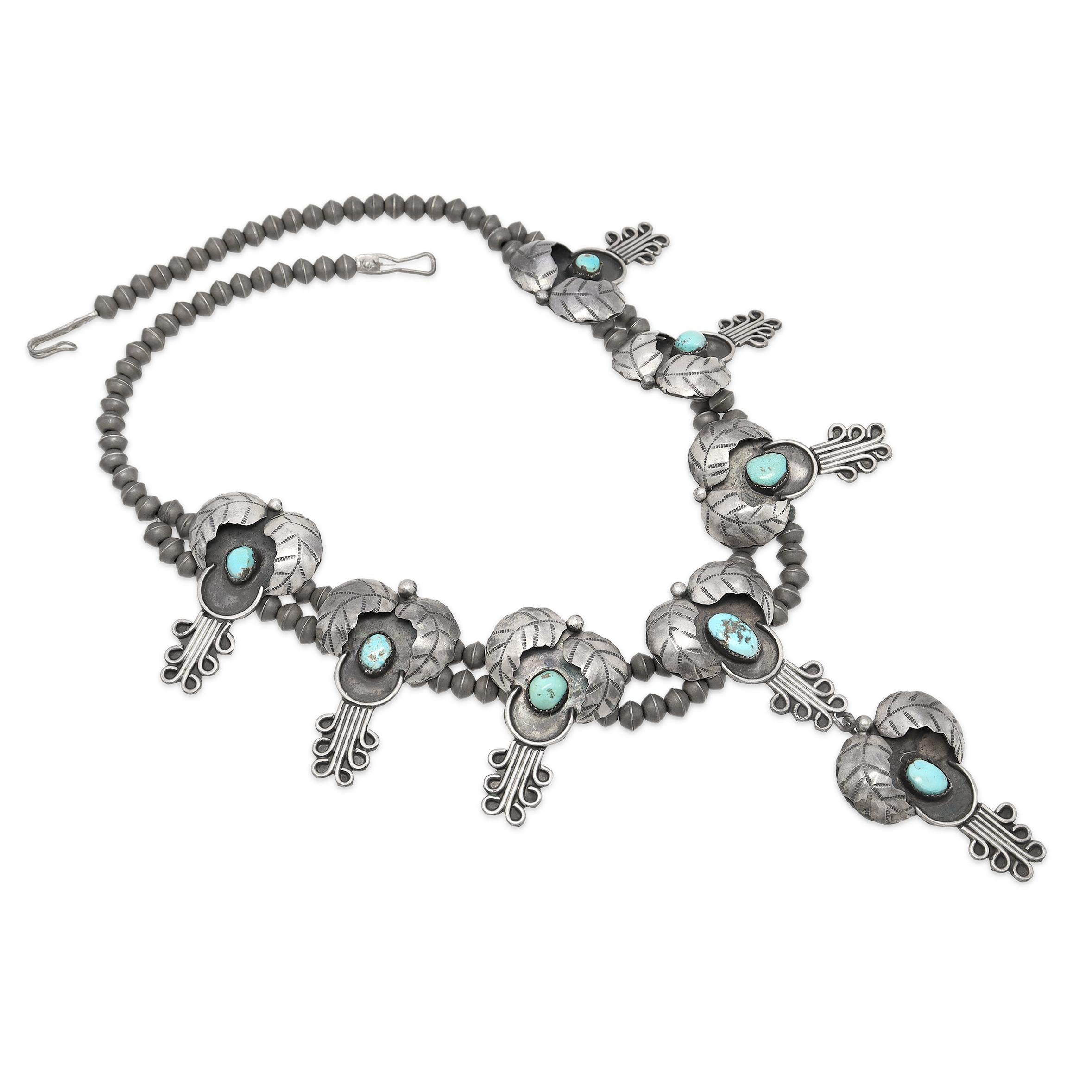 Vintage Southwestern Sterling Silver Turquoise Squash Blossom Style Necklace