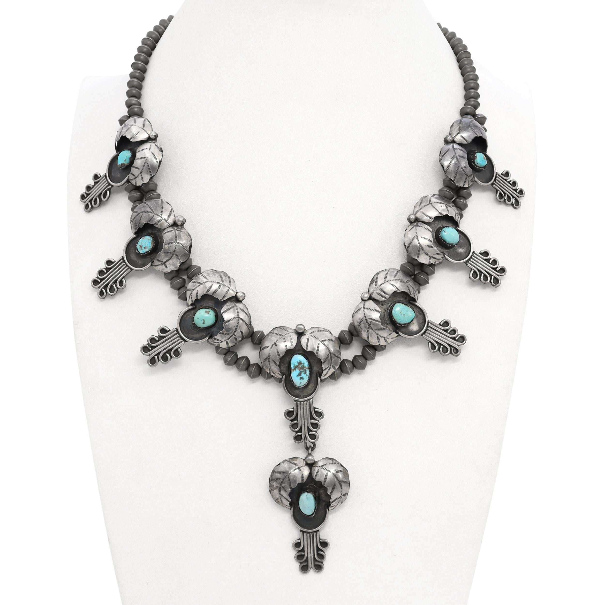 Vintage Southwestern Sterling Silver Turquoise Squash Blossom Style Necklace