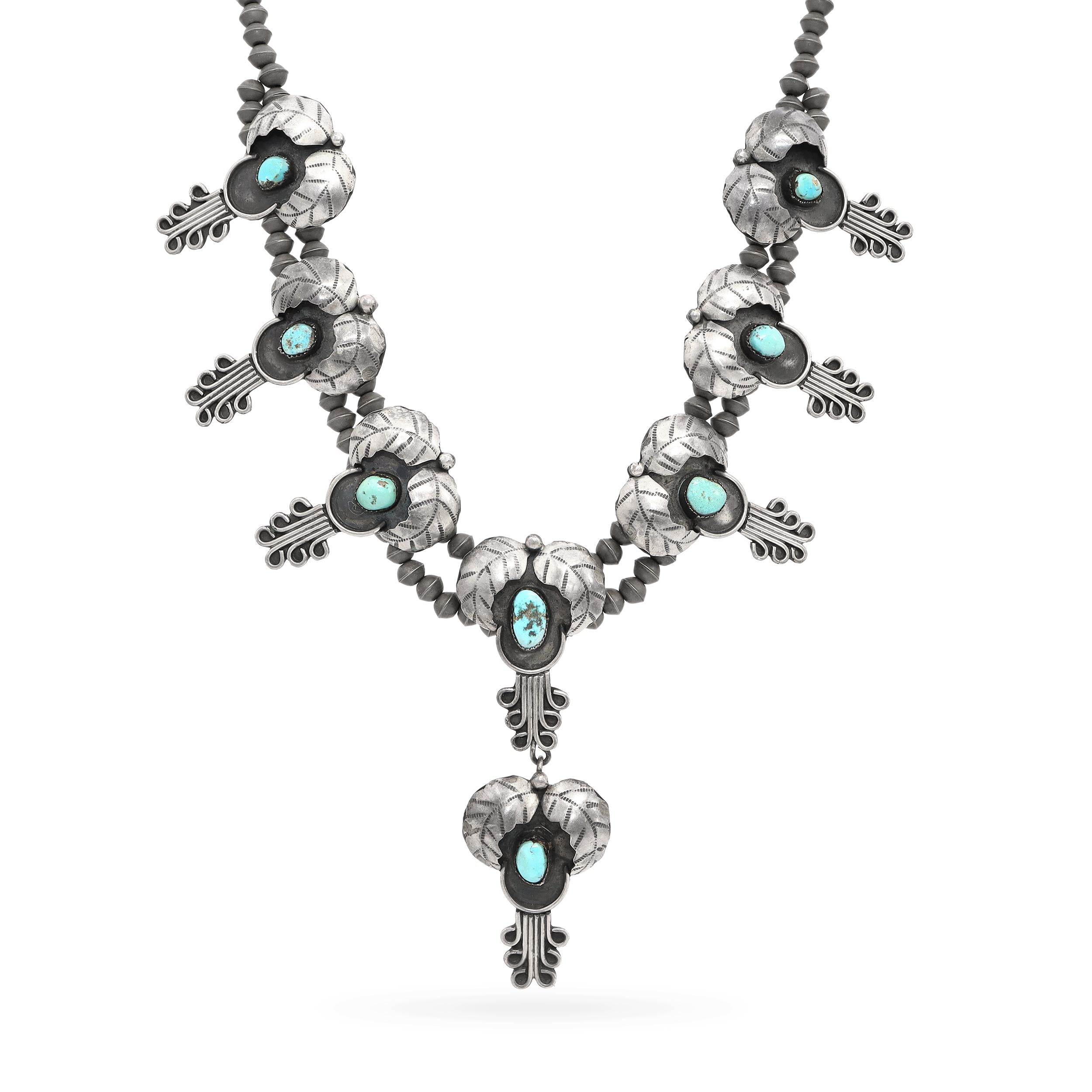 Vintage Southwestern Sterling Silver Turquoise Squash Blossom Style Necklace