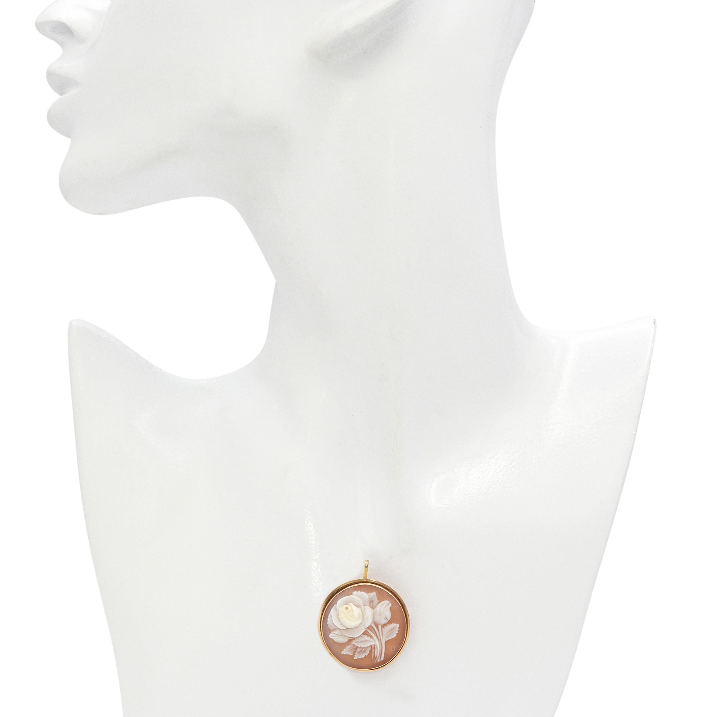 Vintage 14K Yellow Gold Carved Rose Cameo Brooch Pendant