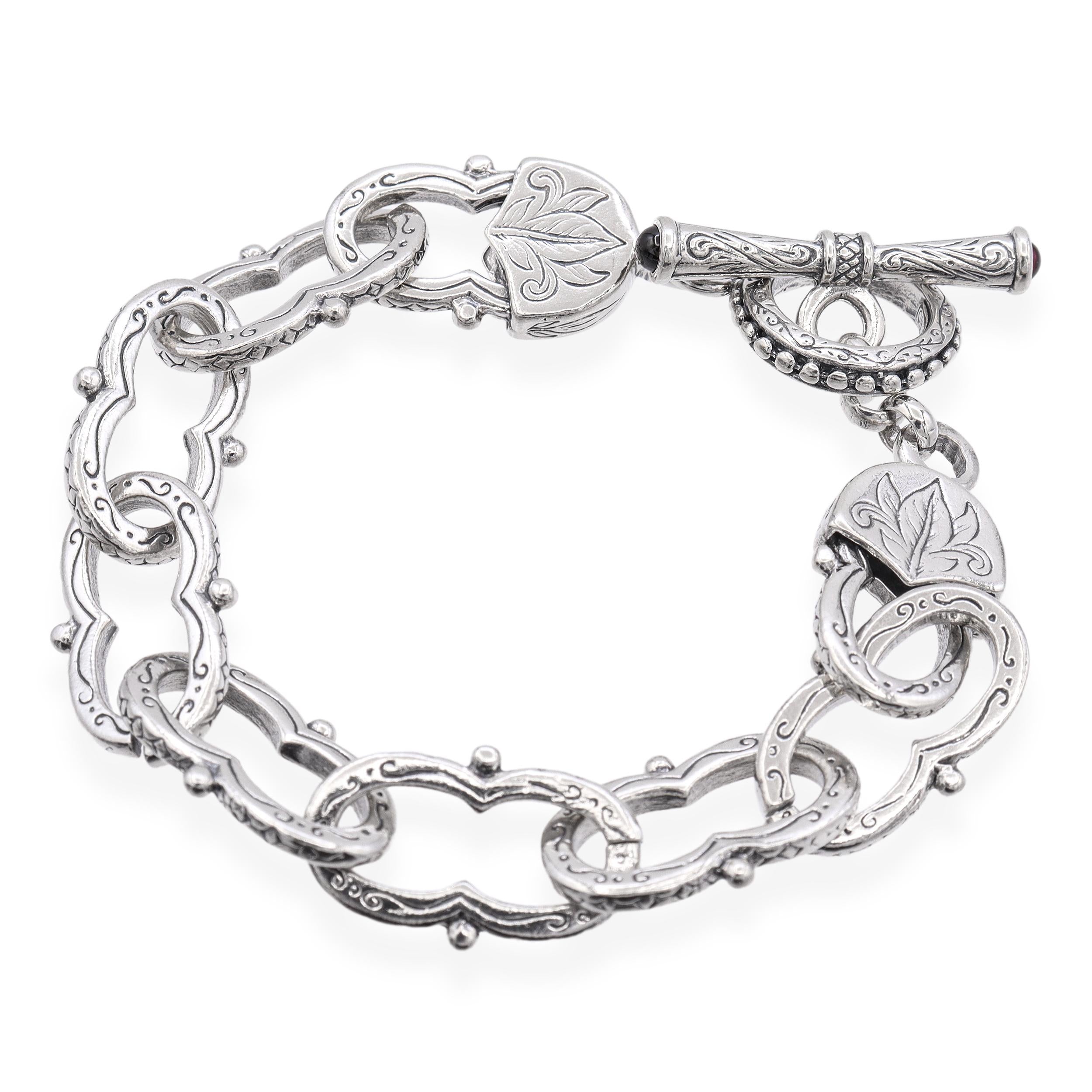 Konstantino Sterling Silver Garnet Toggle Clasp Engraved Link Bracelet