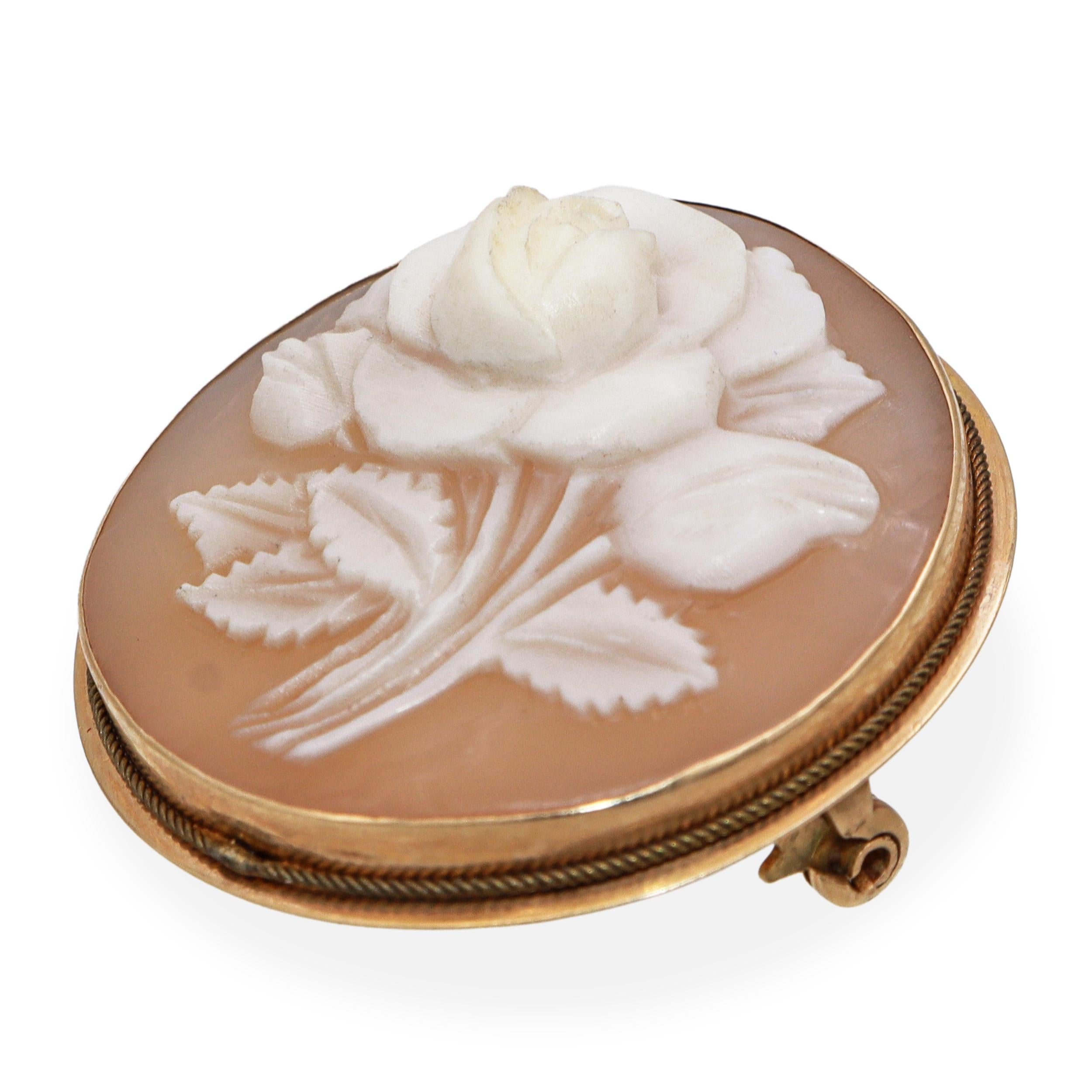 Vintage 14K Yellow Gold Carved Rose Cameo Brooch Pendant