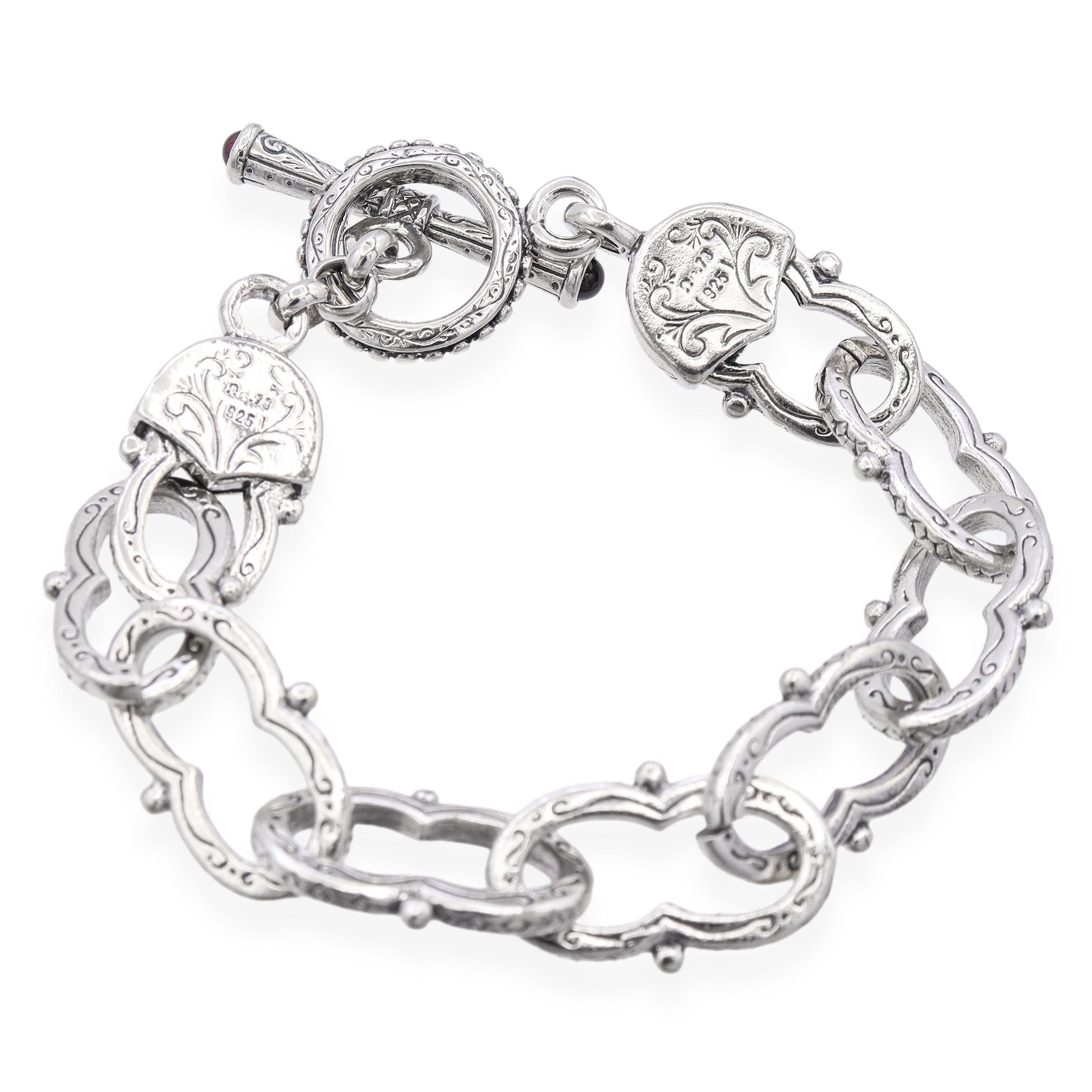 Konstantino Sterling Silver Garnet Toggle Clasp Engraved Link Bracelet