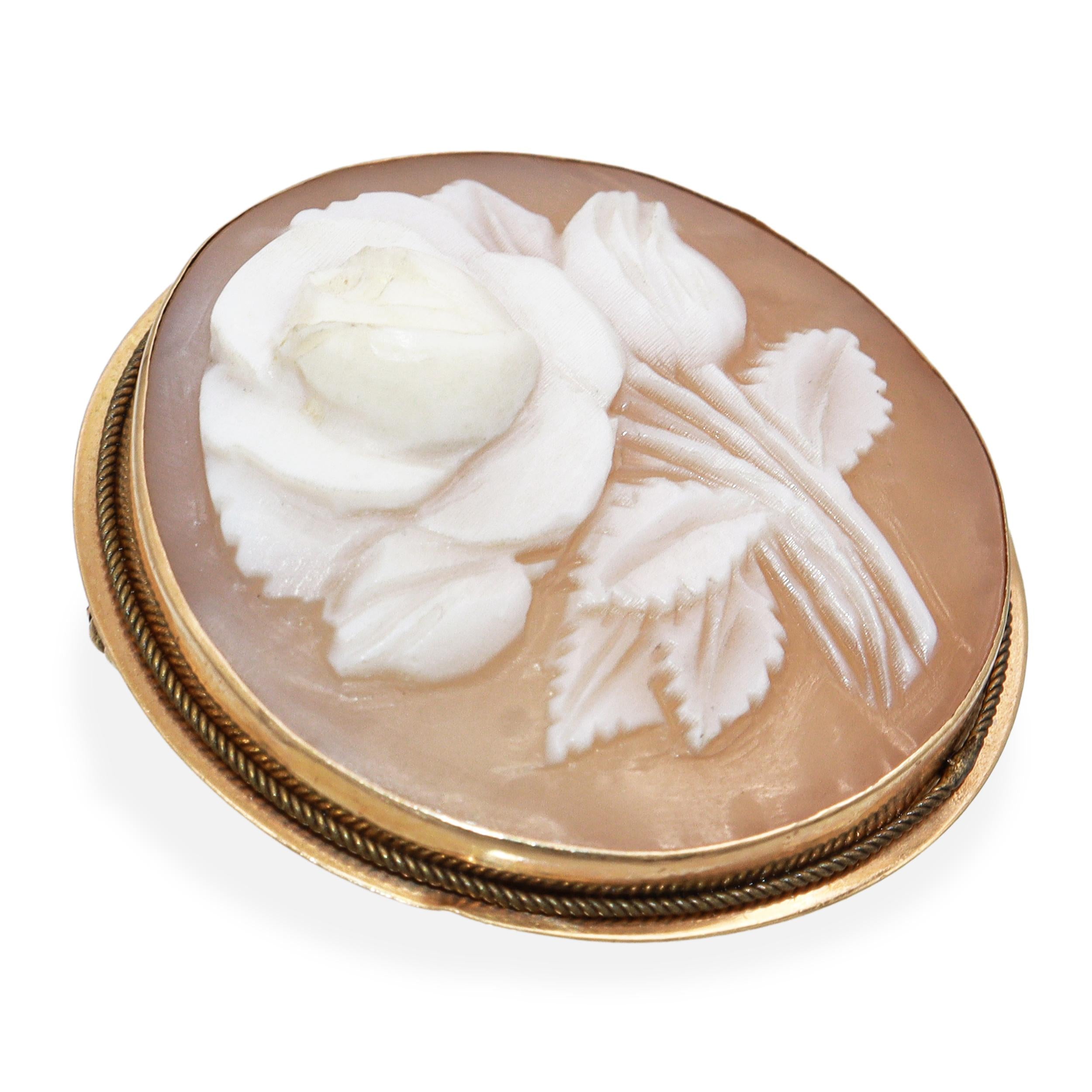 Vintage 14K Yellow Gold Carved Rose Cameo Brooch Pendant