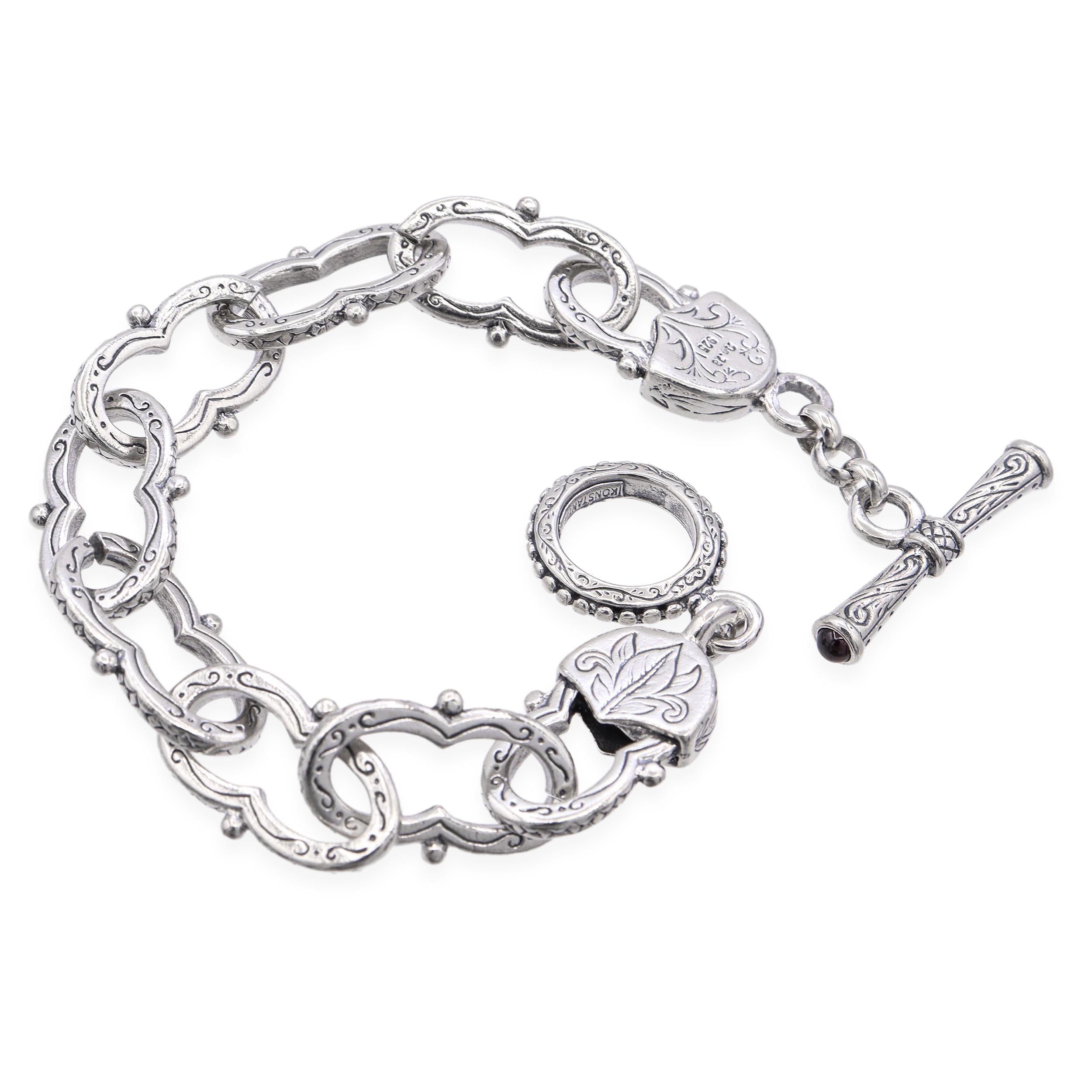 Konstantino Sterling Silver Garnet Toggle Clasp Engraved Link Bracelet