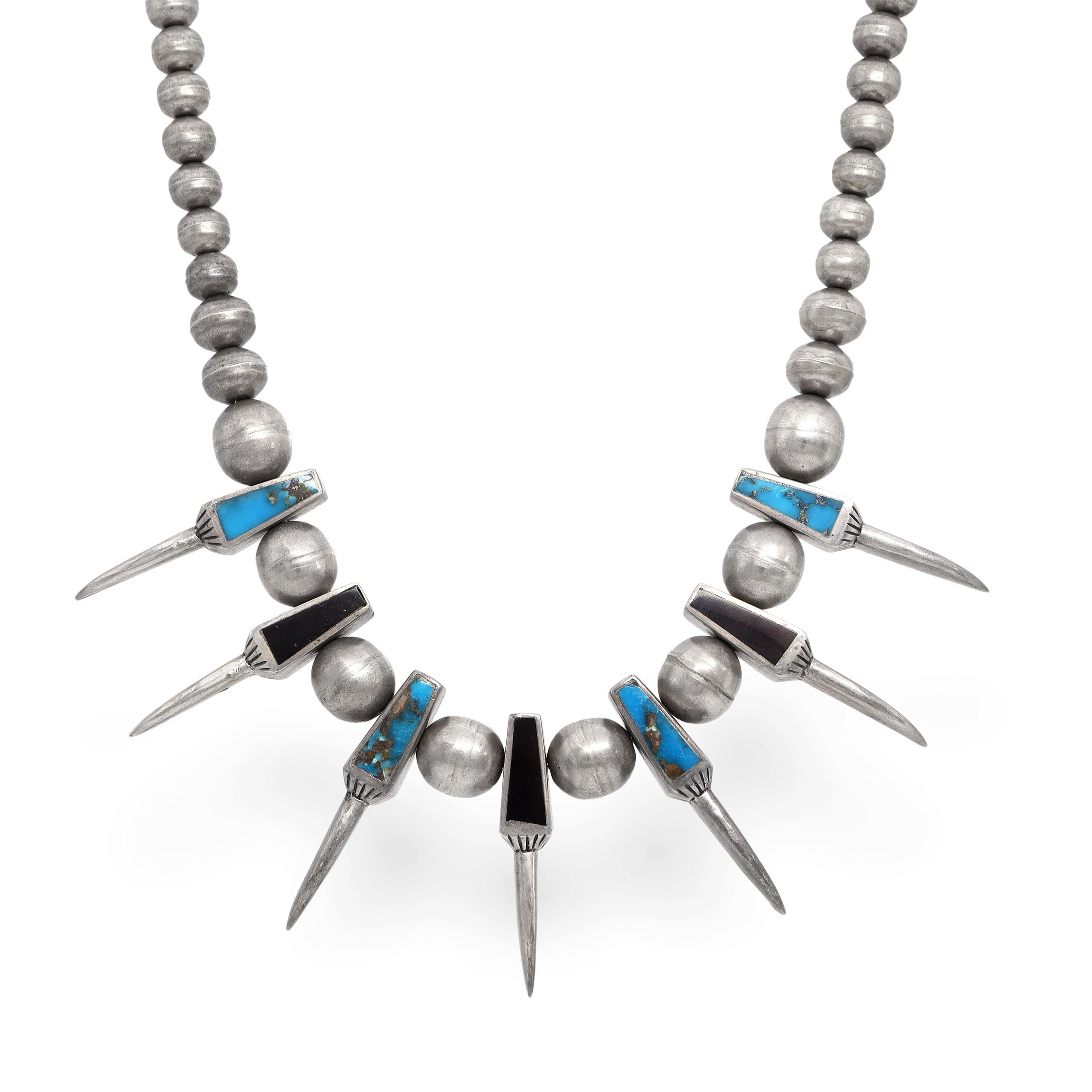Southwestern Silver Multi-Stone Inlay Bear Claw Motif Beaded Necklace