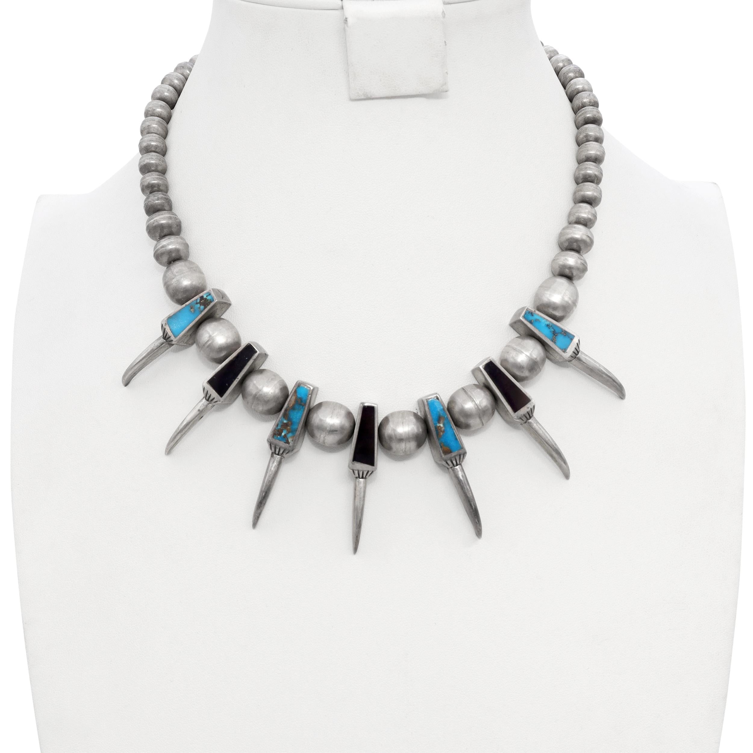 Southwestern Silver Multi-Stone Inlay Bear Claw Motif Beaded Necklace