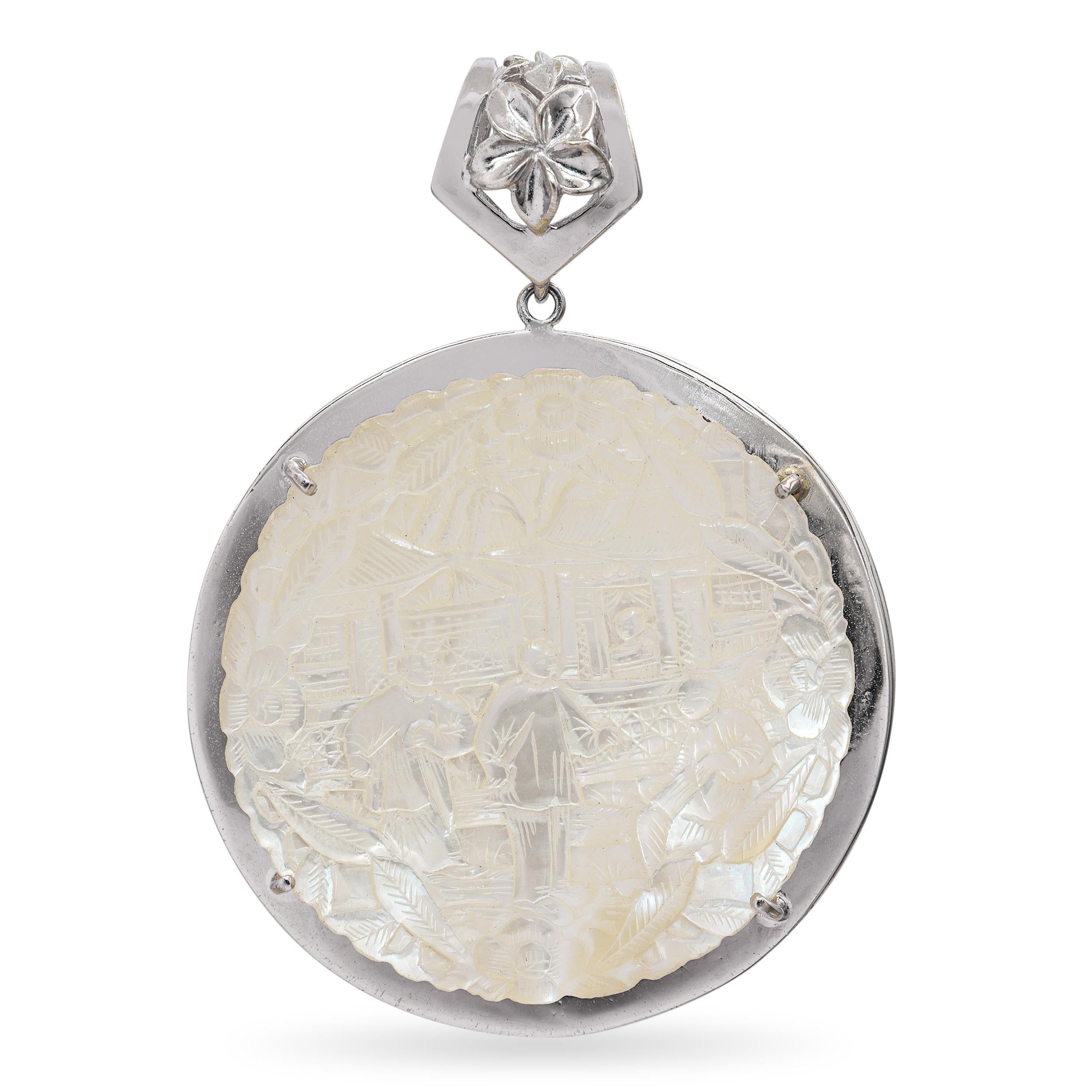 Vintage 12K White Gold Carved Mother of Pearl Chinese Figural Pendant