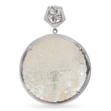 Vintage 12K White Gold Carved Mother of Pearl Chinese Figural Pendant