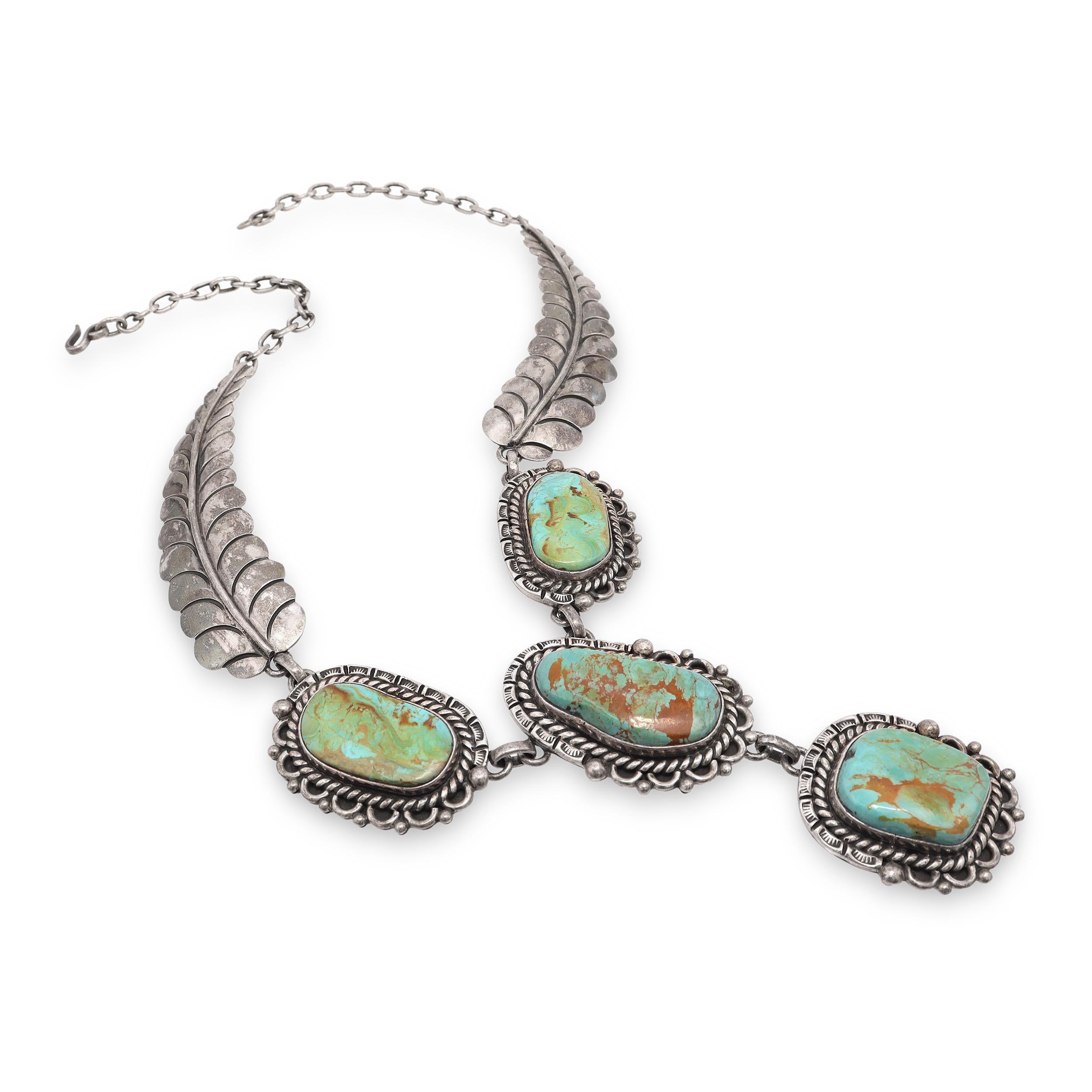 Vintage Signed JFR Navajo Mexico Sterling Silver Turquoise Statement Necklace