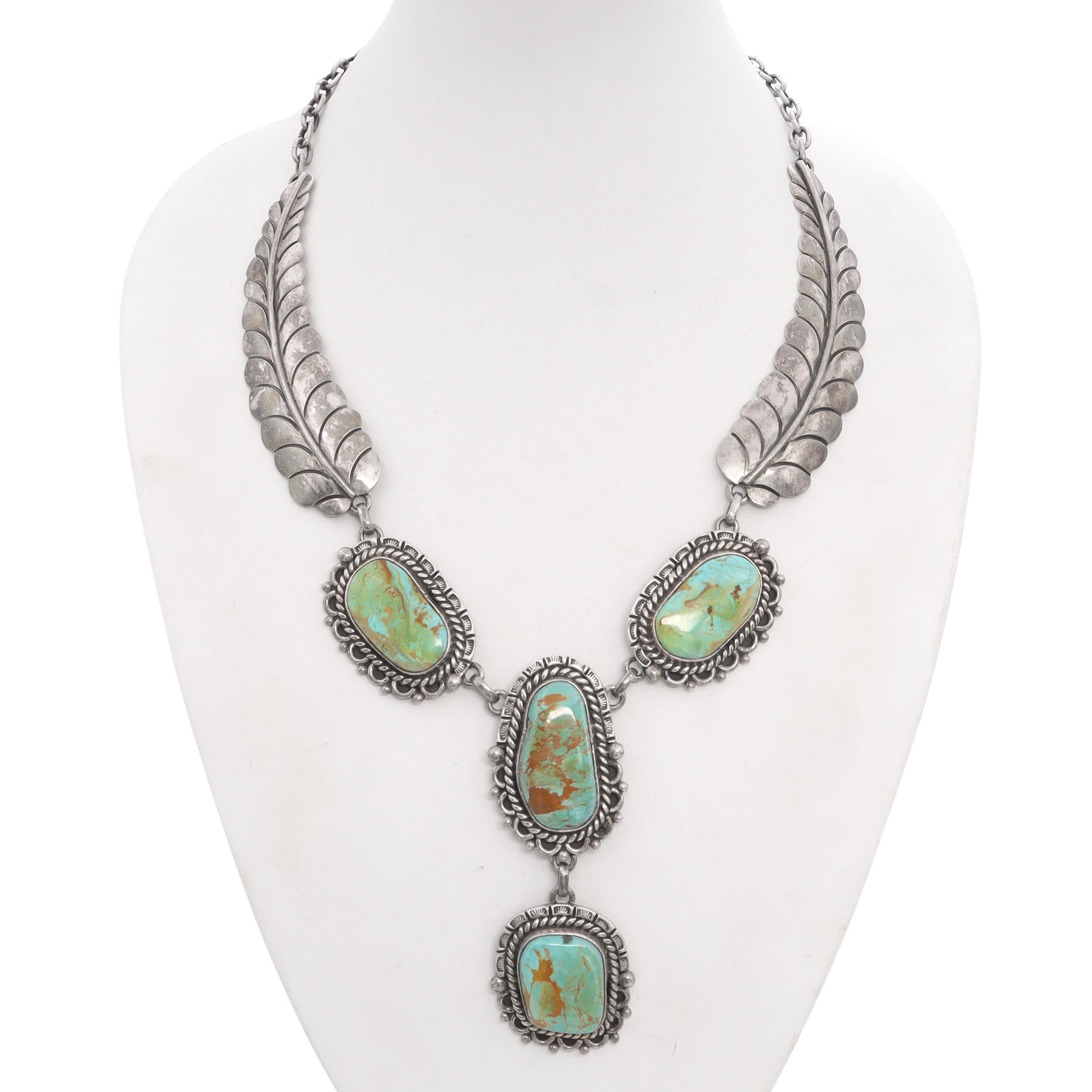 Vintage Signed JFR Navajo Mexico Sterling Silver Turquoise Statement Necklace