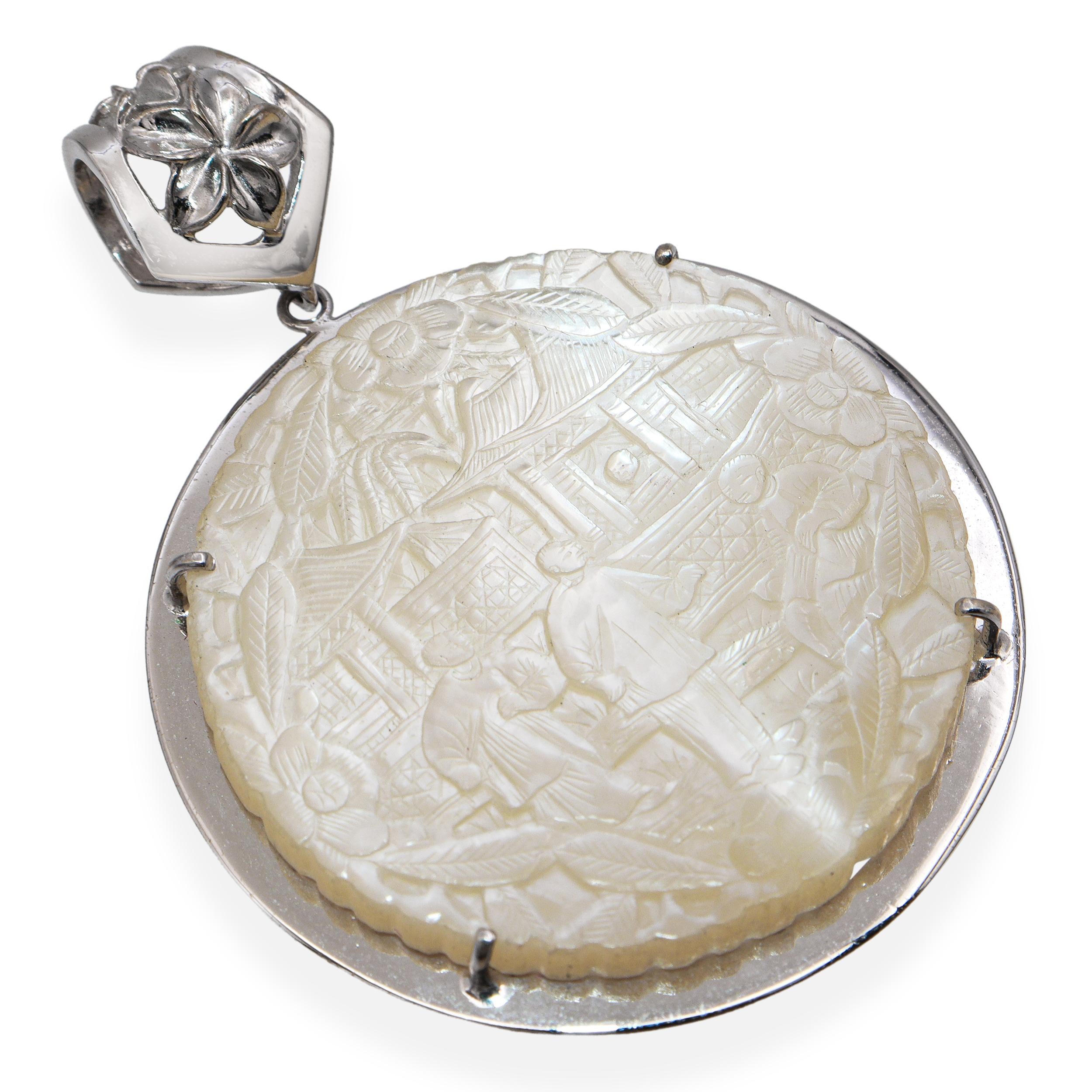 Vintage 12K White Gold Carved Mother of Pearl Chinese Figural Pendant
