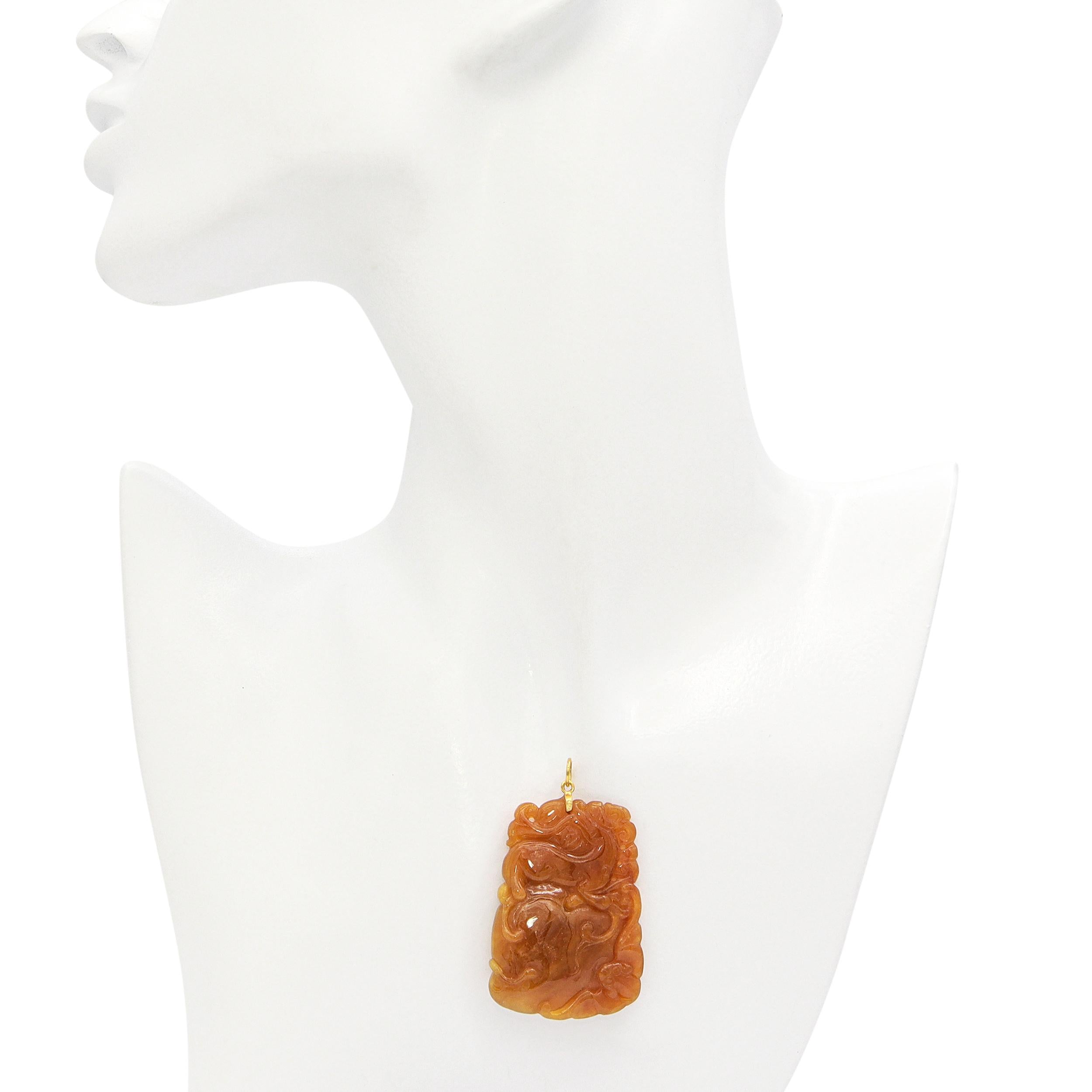 Vintage 18K Yellow Gold Carved Orange Jade Gourd & Vine Pendant