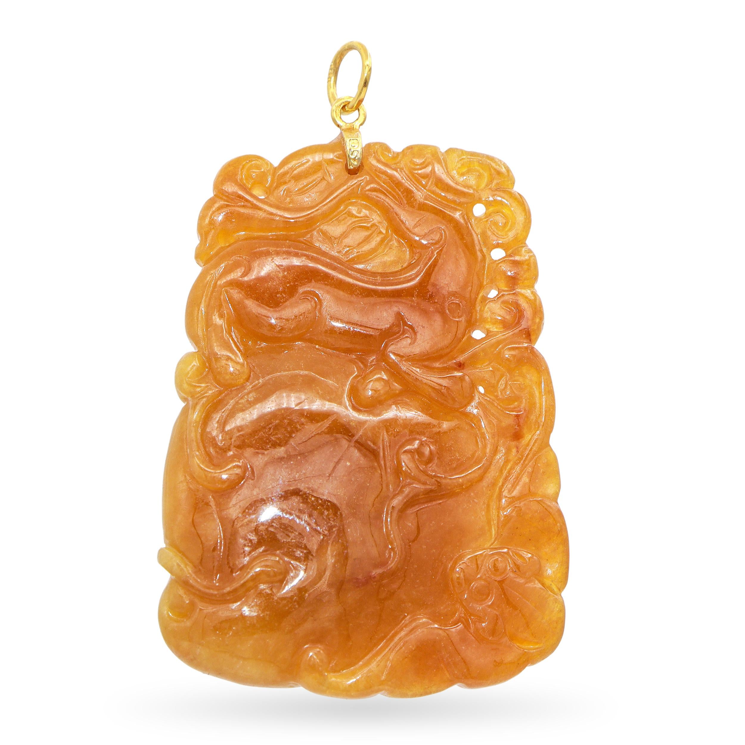 Vintage 18K Yellow Gold Carved Orange Jade Gourd & Vine Pendant